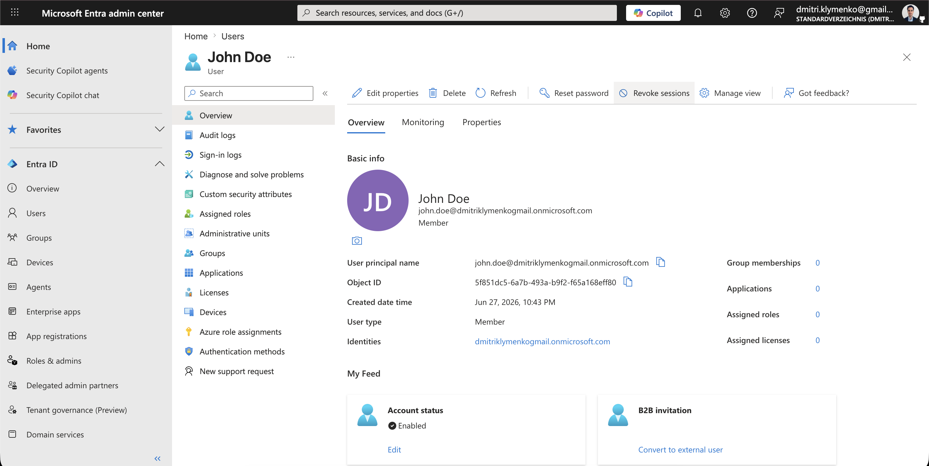 New user profile screenshot showing account properties and authentication options