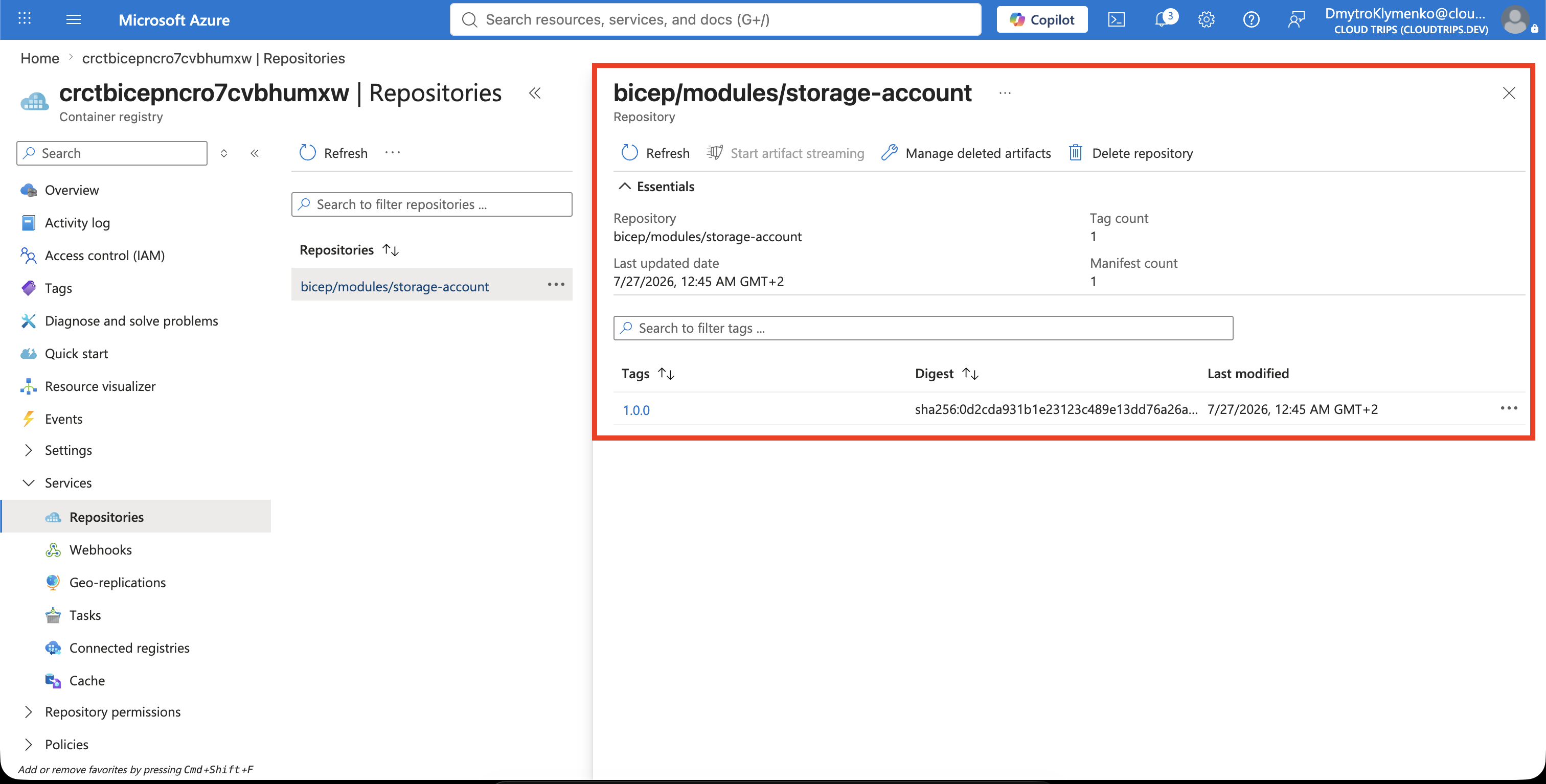 CloudTrips-Repository für das Speicherkontomodul mit Version 1.0.0 in Azure Container Registry