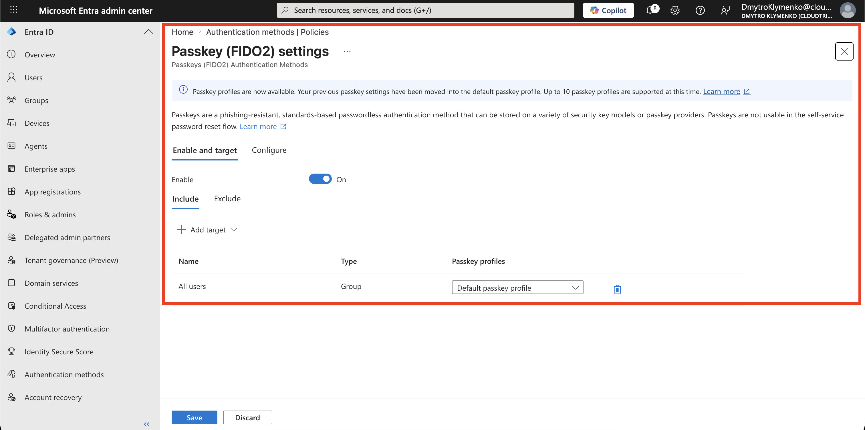 Passkey FIDO2 policy page showing the option to enable passkey profiles