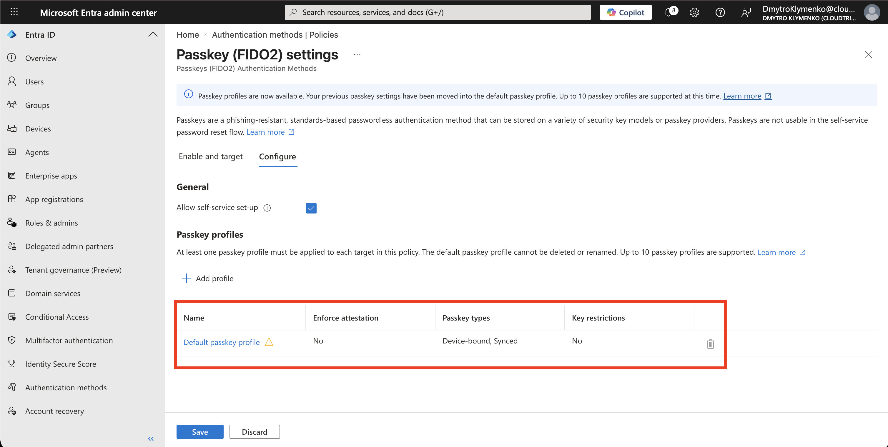 Default passkey profile configuration page showing device-bound passkeys selected