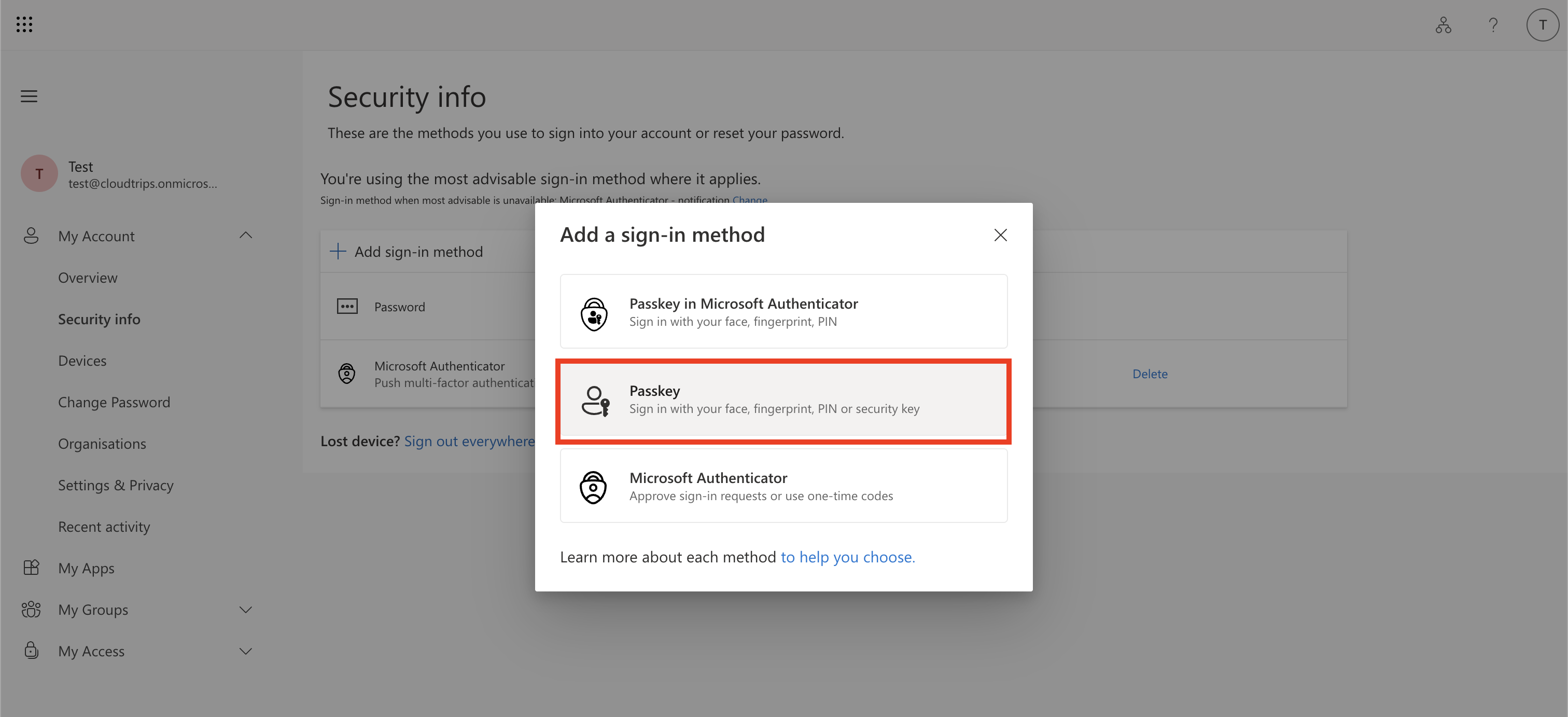 Security info page showing Add sign-in method with Passkey selected