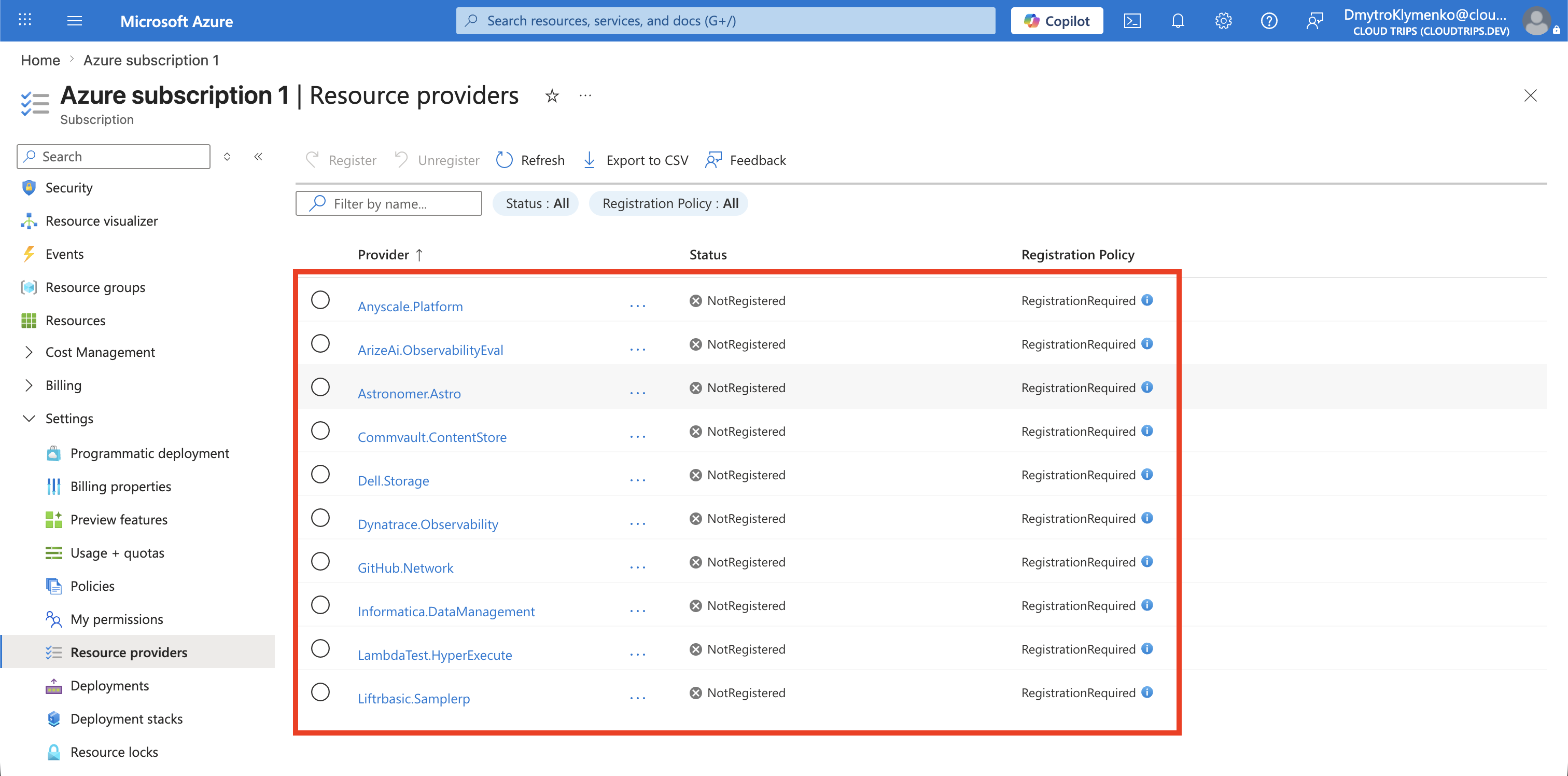 Azure subscription Resource providers page showing provider namespaces and registration states