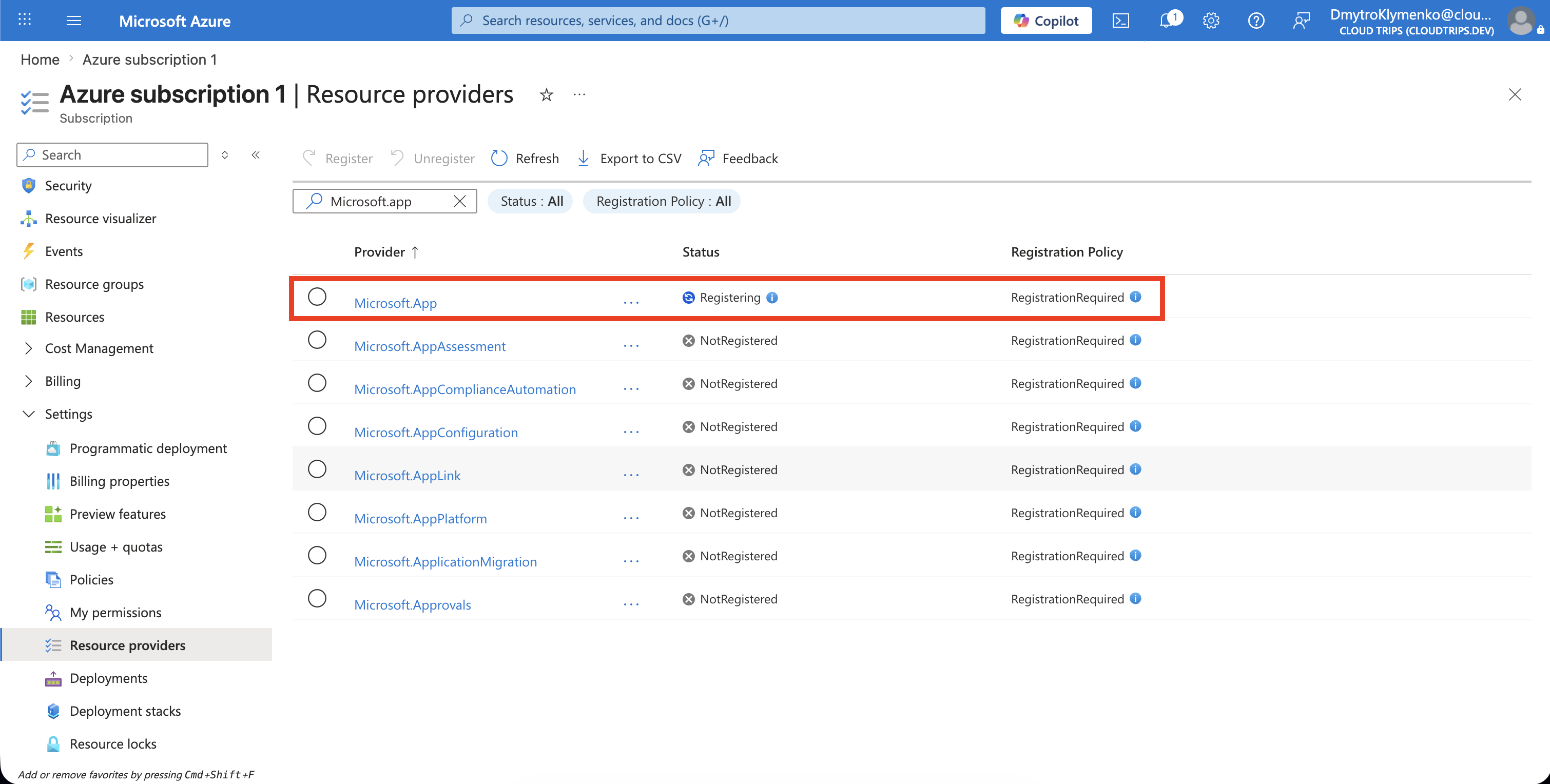 Microsoft.App resource provider showing Registering status