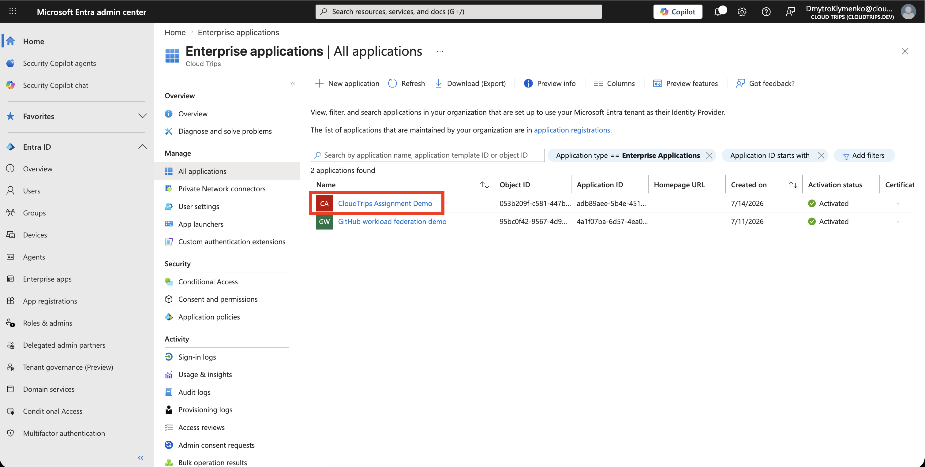 Enterprise Applications Liste mit ausgewaehlter Anwendung