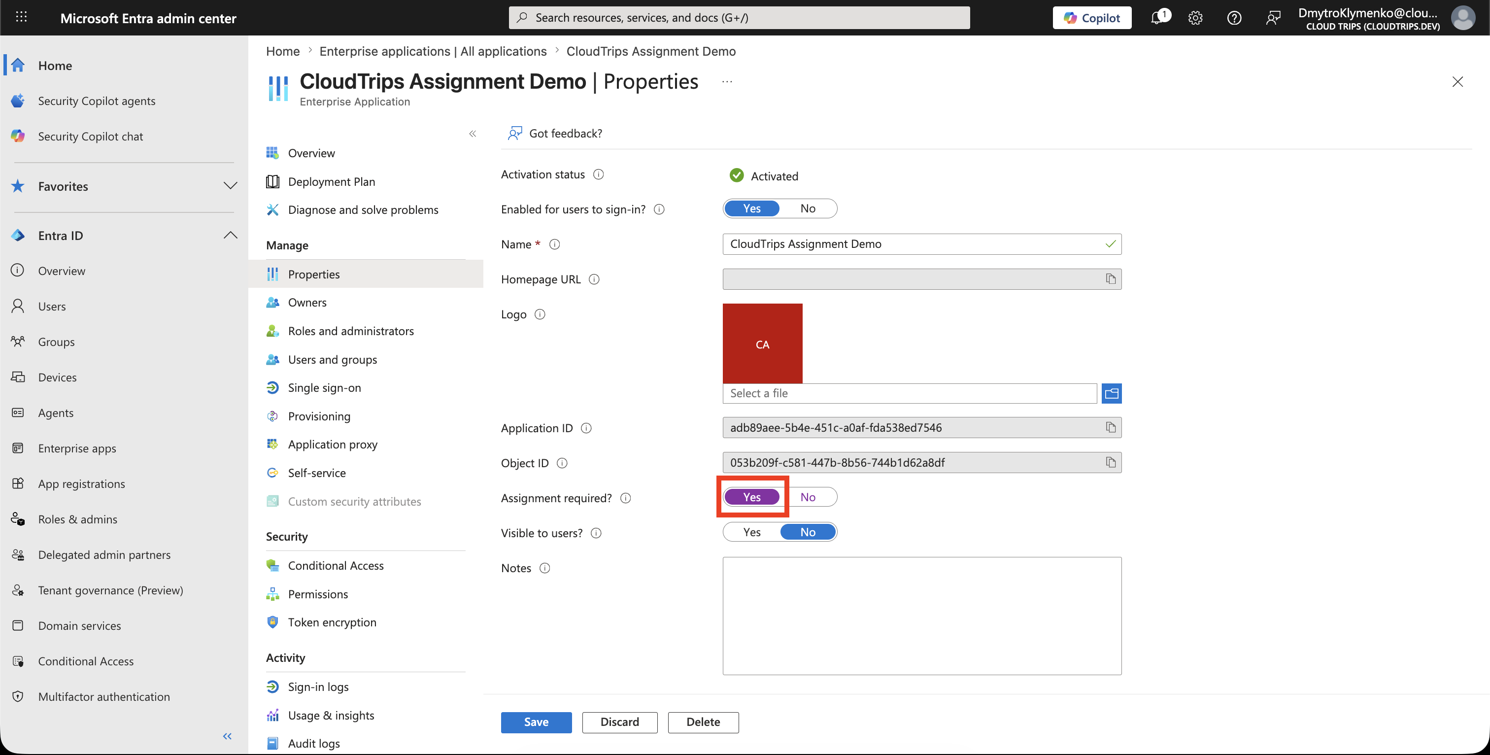 Enterprise Application Properties mit Assignment required auf Yes