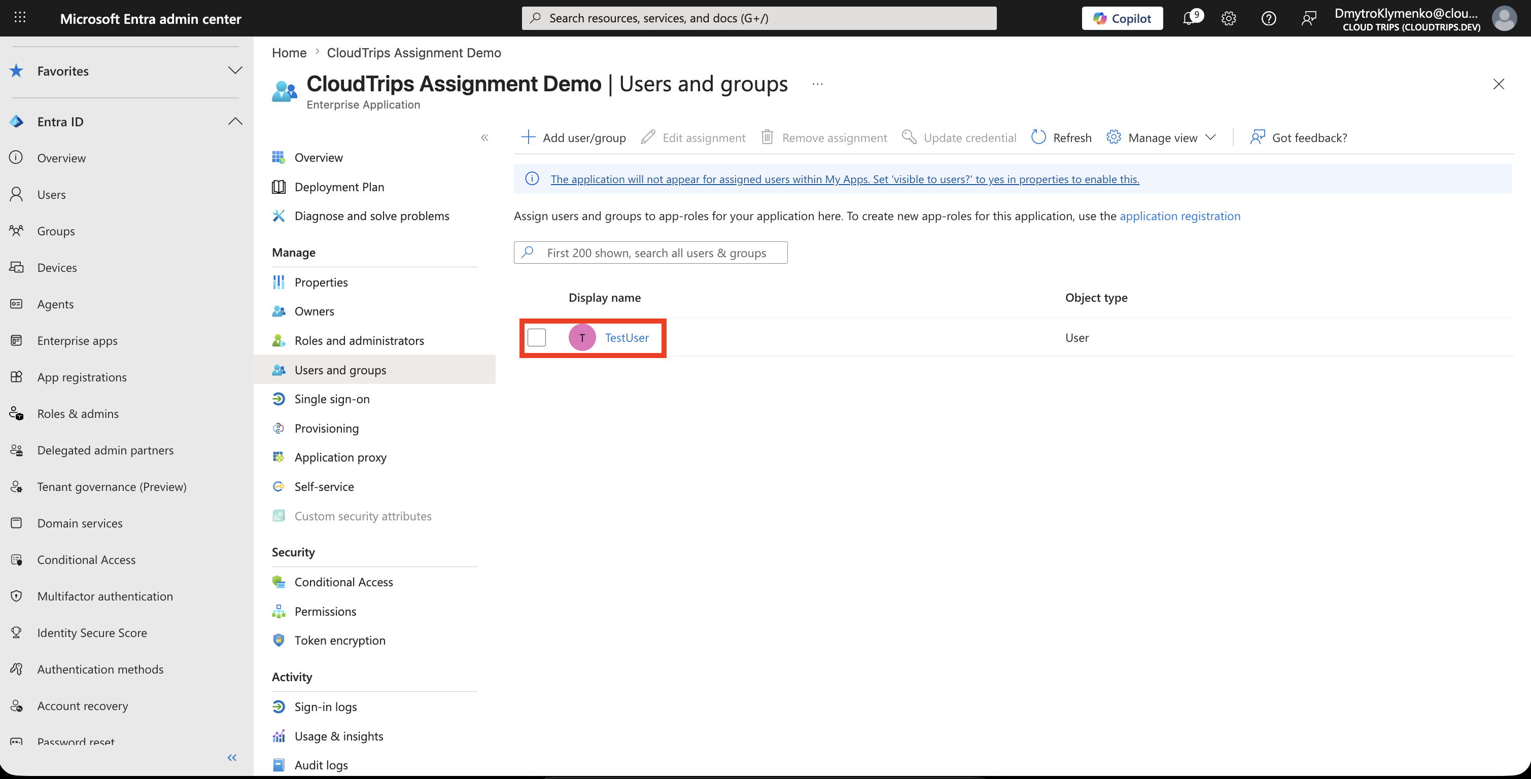 Add assignment Seite mit ausgewaehltem Testbenutzer
