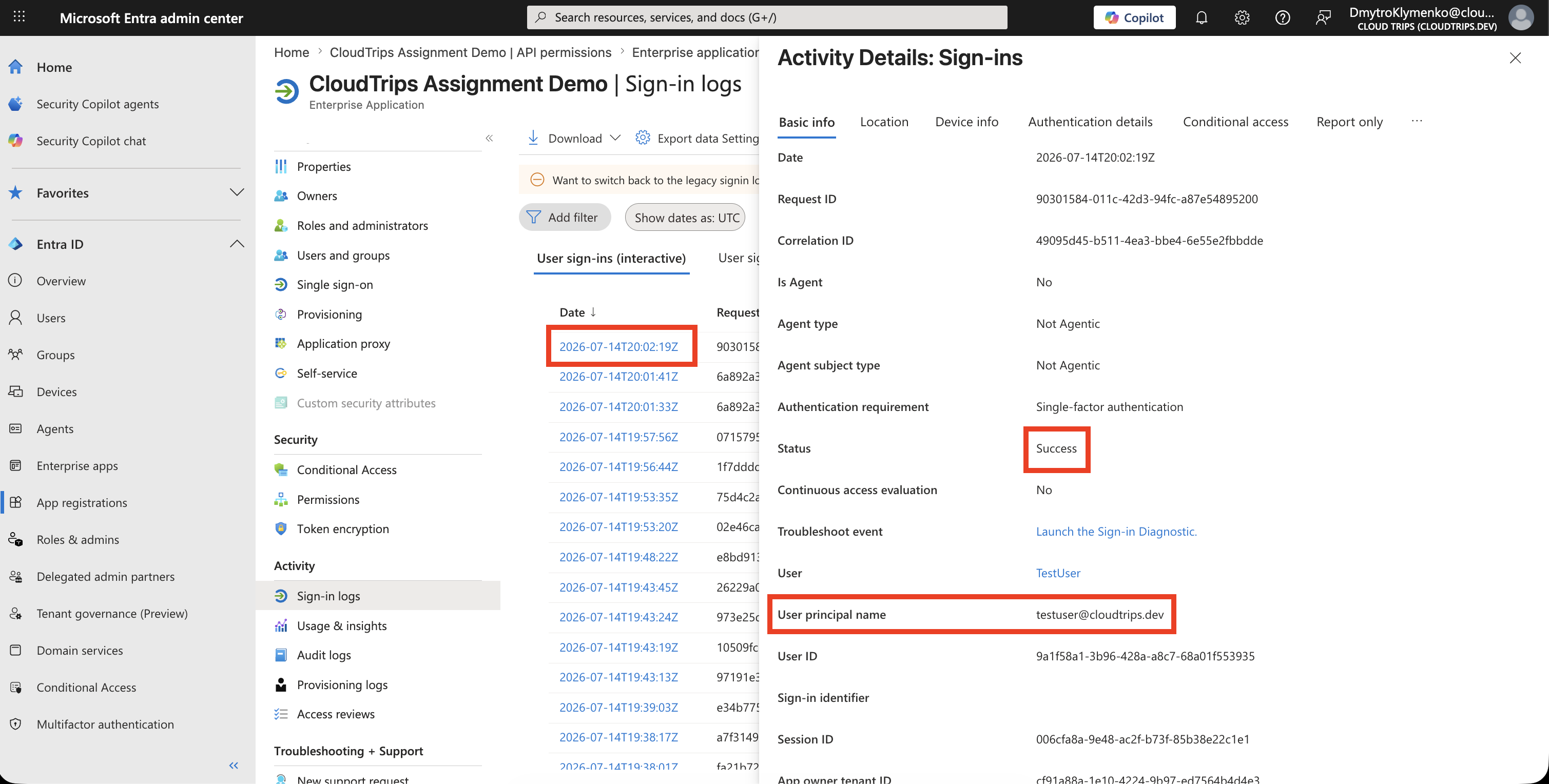 Sign-in Logs mit erfolgreichem Zugriff fuer den zugewiesenen Benutzer