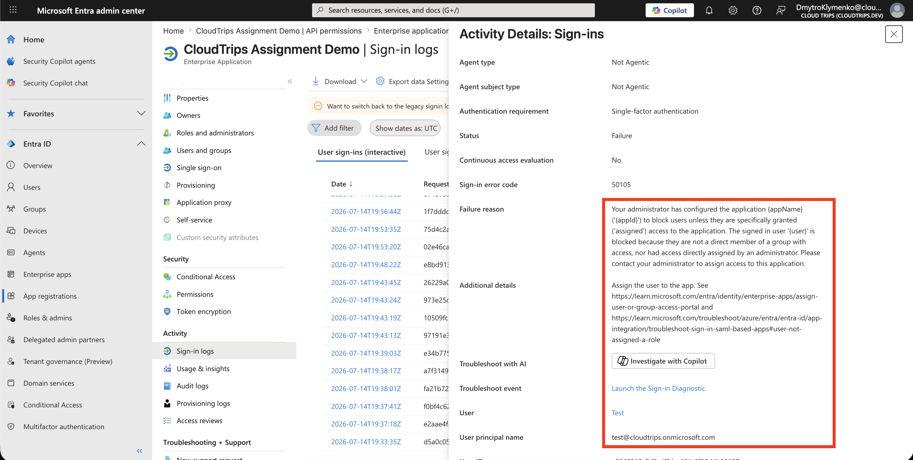 Sign-in Logs mit fehlgeschlagenem Zugriff fuer einen nicht zugewiesenen Benutzer