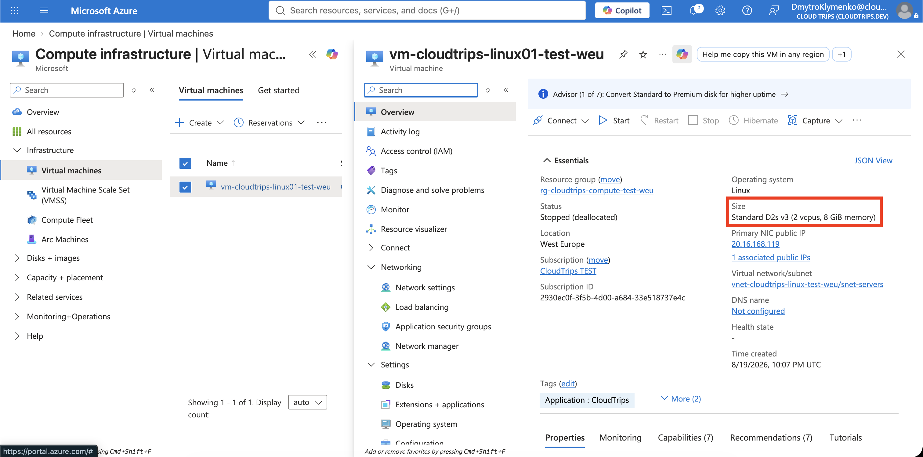 Linux VM Overview before resizing with the current size and IP addresses visible