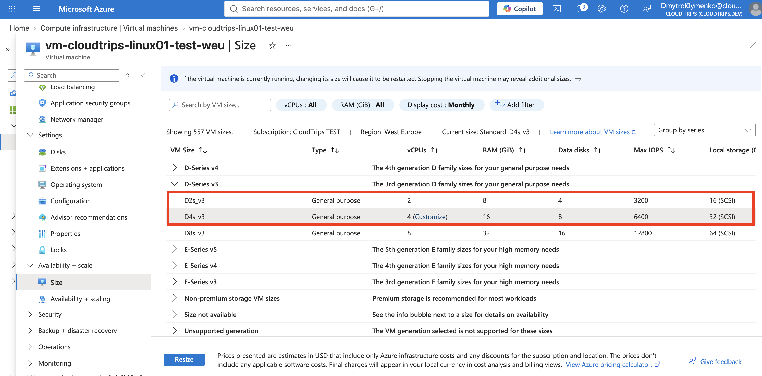 Azure VM Size page showing the current size and a larger compatible target size