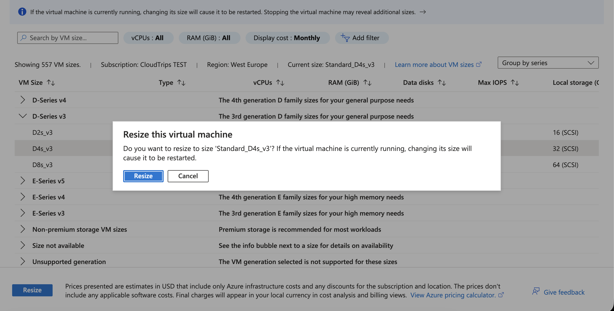 Resize confirmation showing the selected target VM size and restart warning