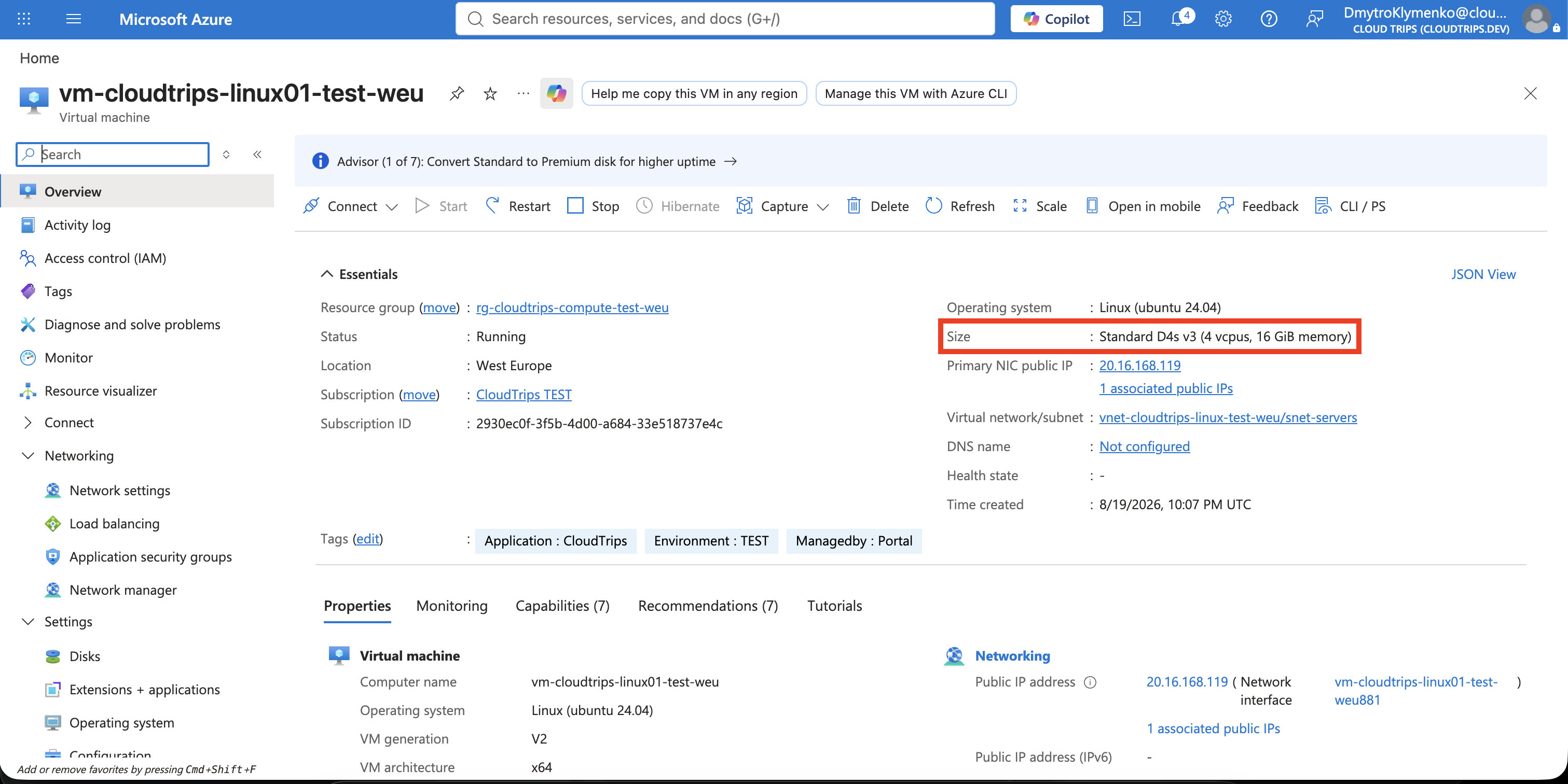 Linux VM Overview after resizing showing the target size and Running state