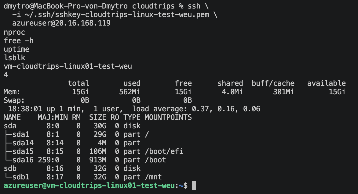 SSH session after resizing showing the unchanged hostname and increased CPU and memory