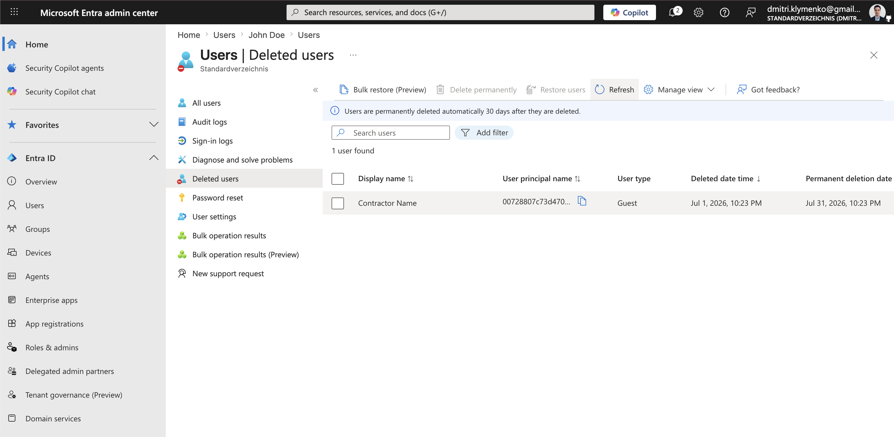 Microsoft Entra Deleted users page showing deleted accounts available for restoration