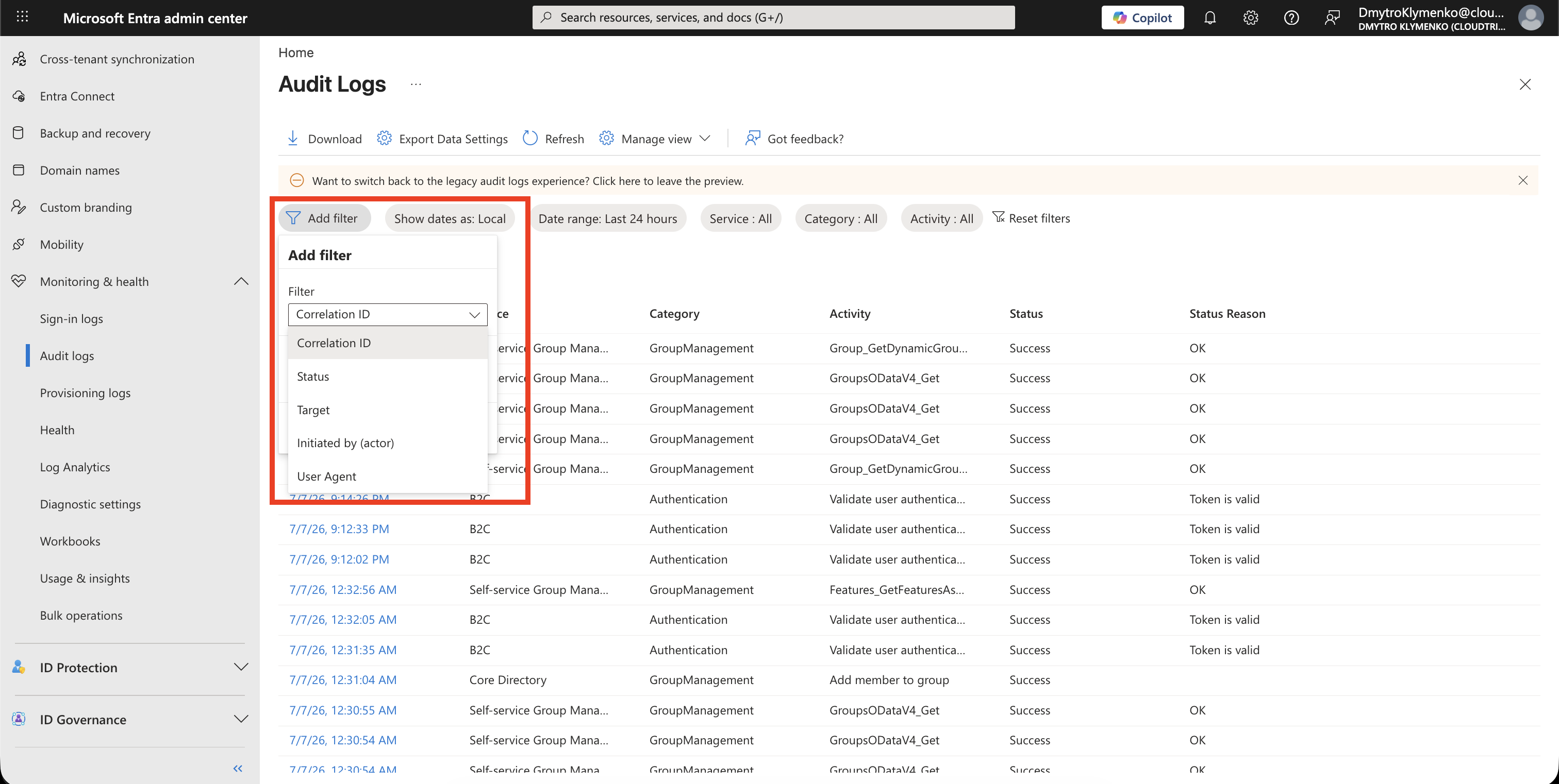 Audit Logs gefiltert nach Correlation ID, Status, Target, Initiated by oder User agent