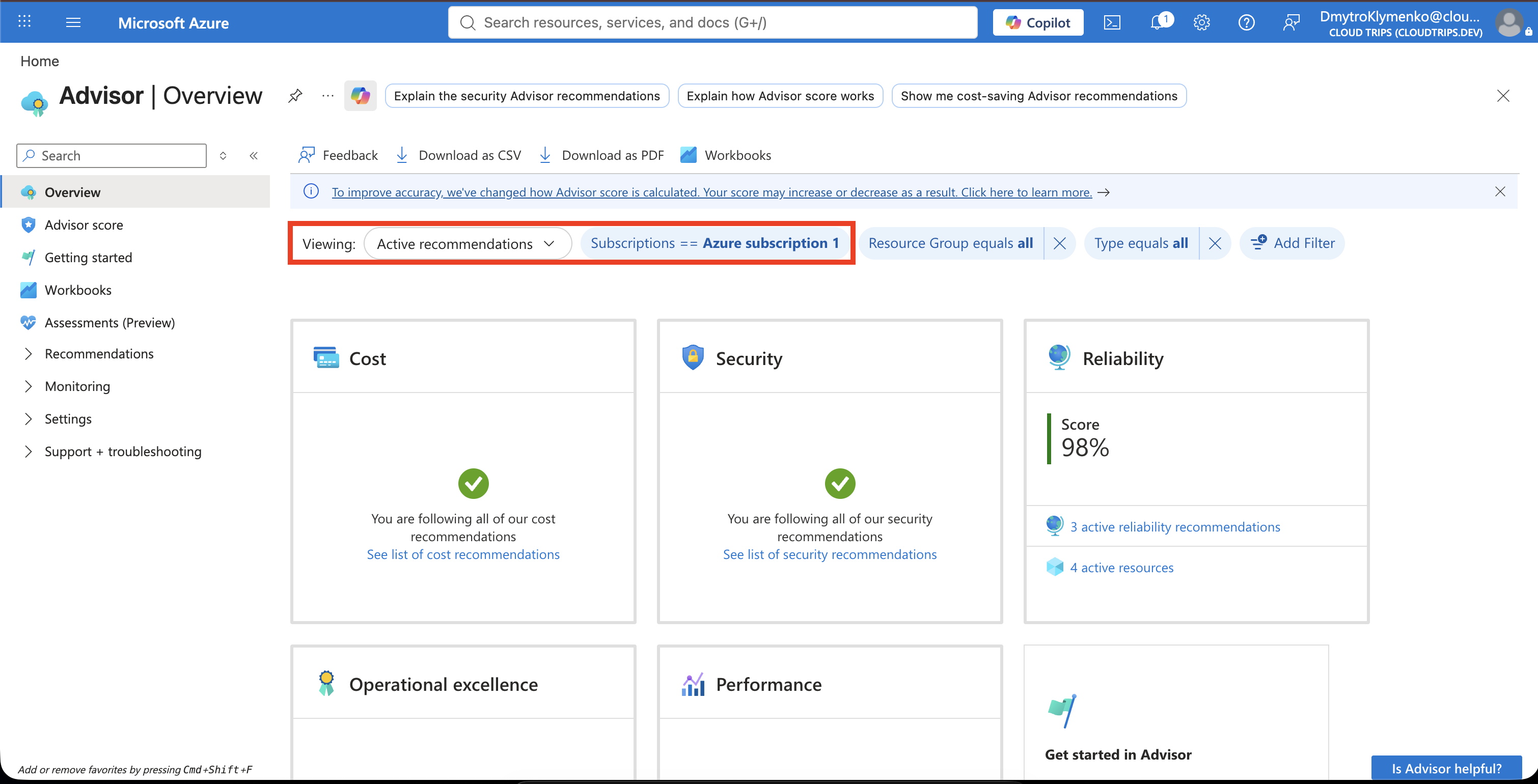 Azure Advisor Overview filtered to Azure subscription 1 and active recommendations