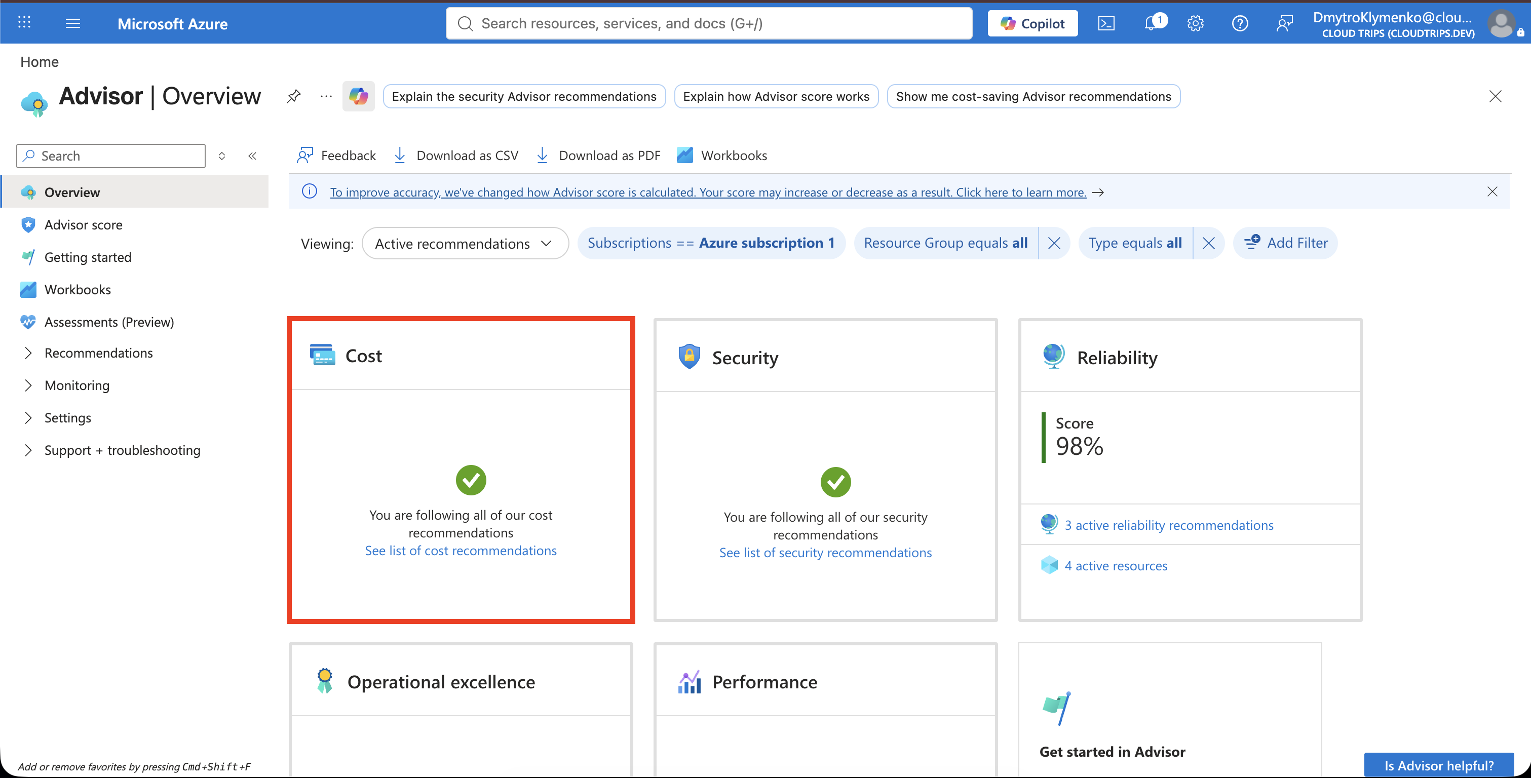 Azure Advisor Cost page showing that CloudTrips is following all cost recommendations