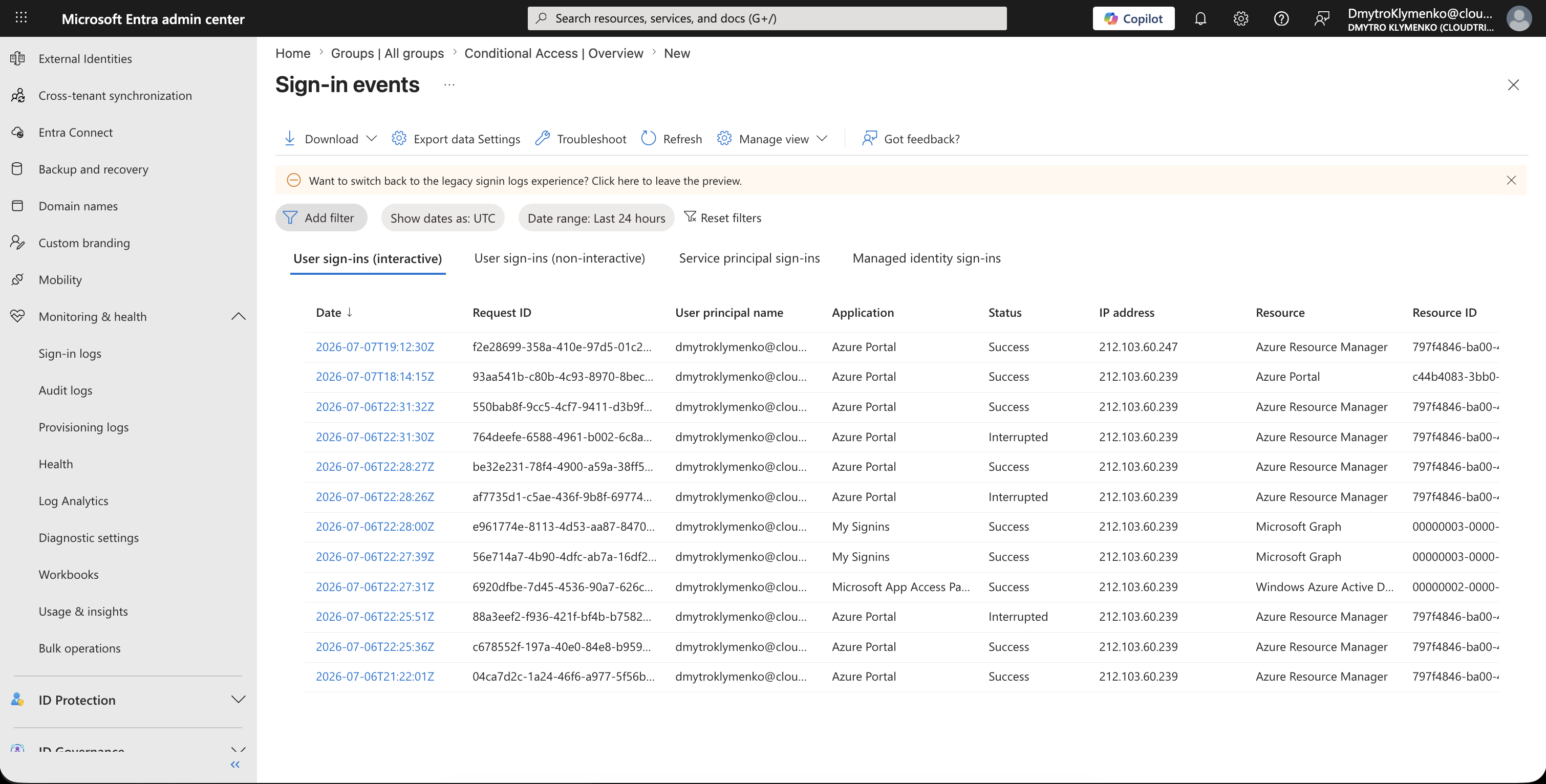Microsoft Entra sign-in logs page showing user sign-ins