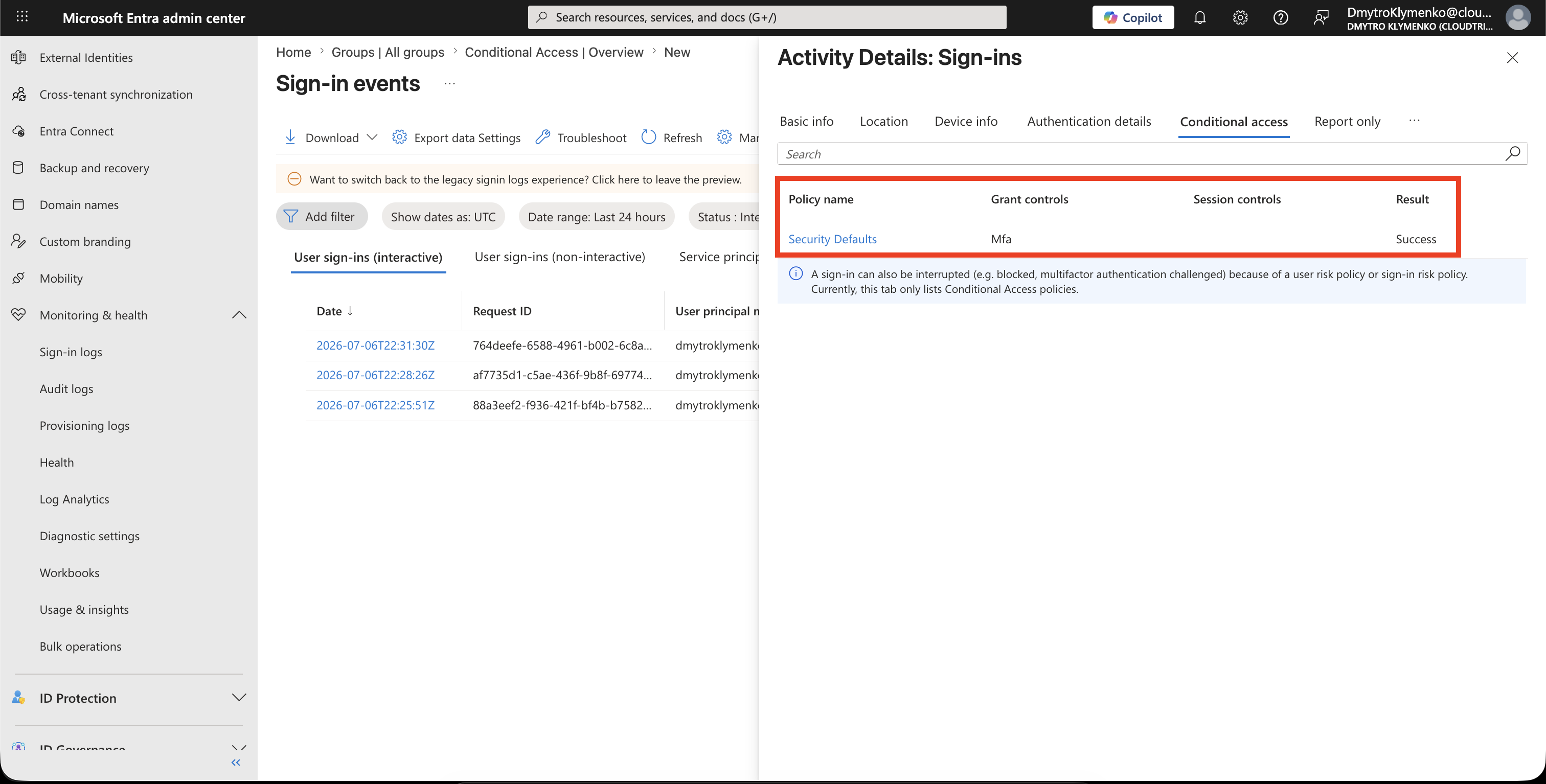 Conditional Access tab showing policy results for the failed sign-in