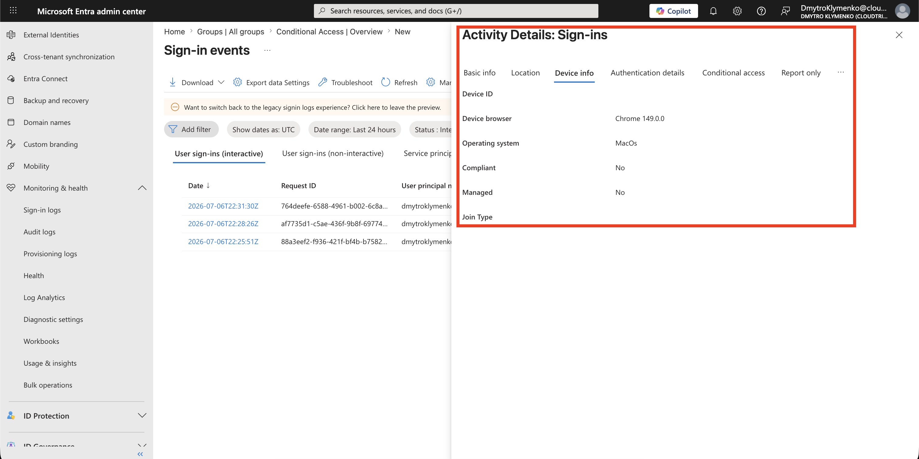 Device and client details showing browser, operating system, client app, and device state