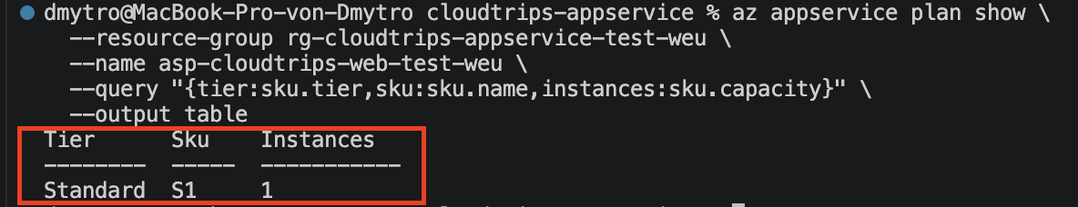 Azure CLI bestätigt Standard S1 mit einer Instanz für den App Service Plan
