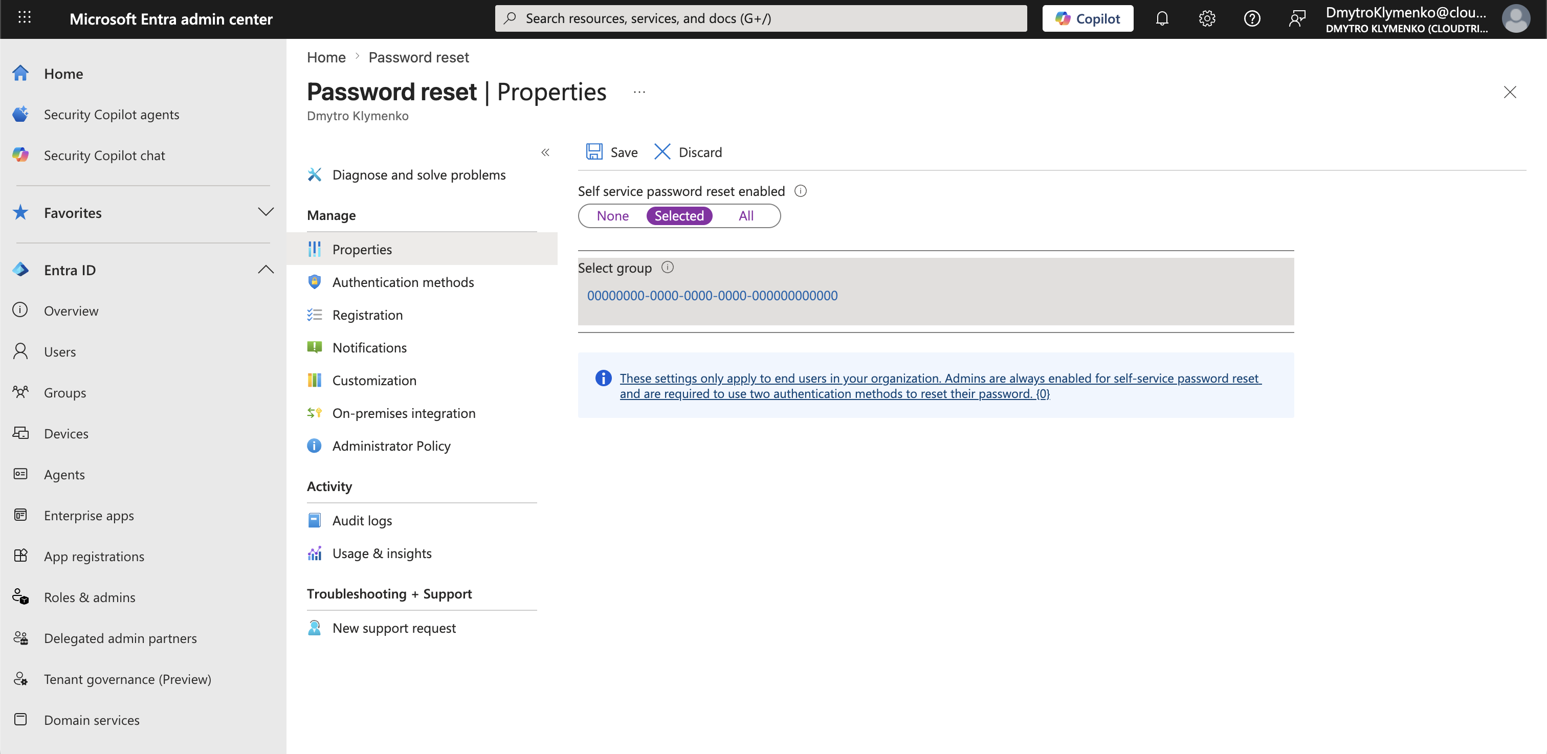 Microsoft Entra SSPR scope configured for either a selected pilot group or all users