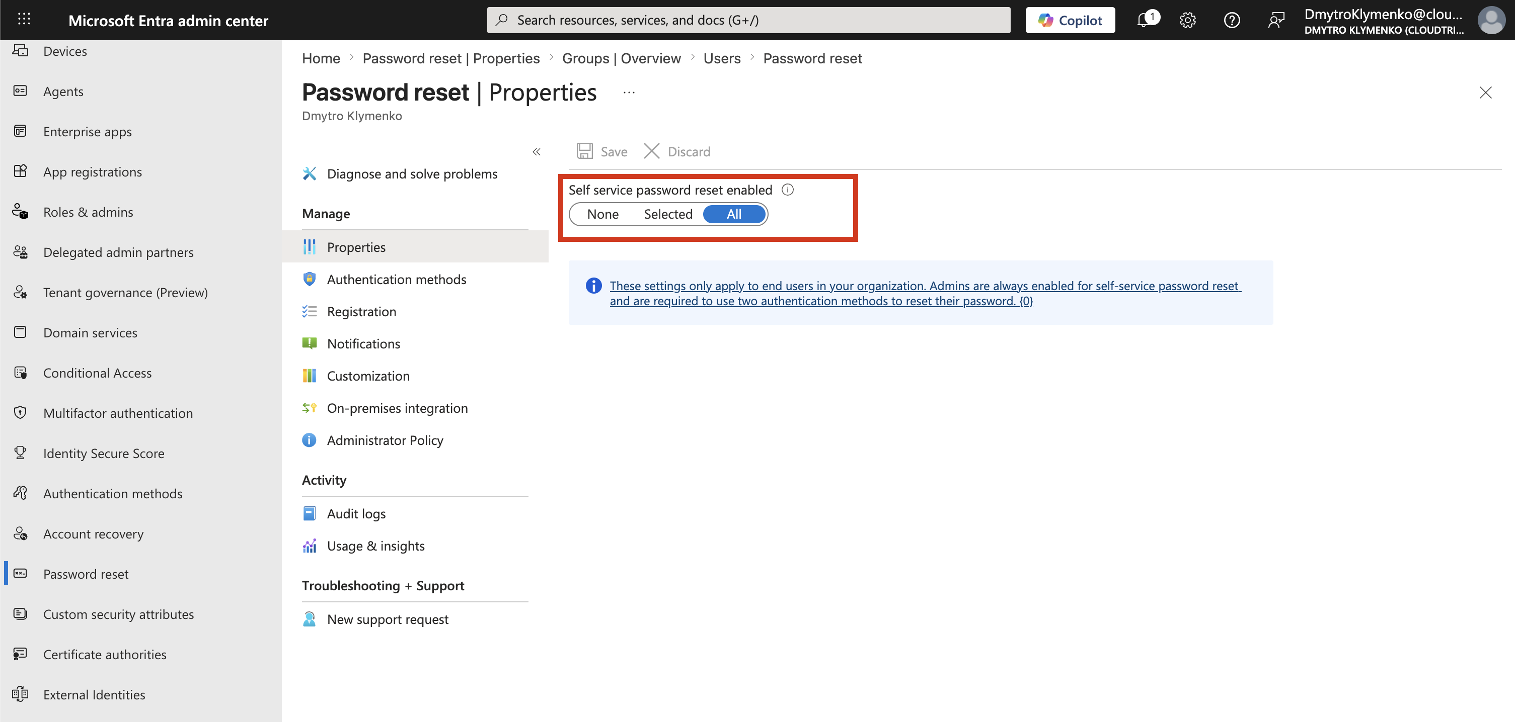 Microsoft Entra Password reset Properties page showing Self service password reset enabled options None, Selected, and All