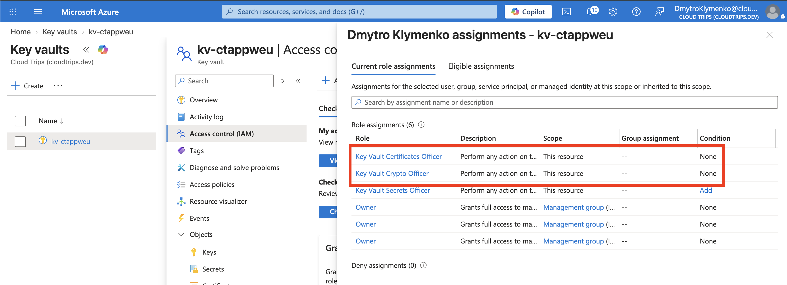 Key Vault IAM showing Certificates Officer and Crypto Officer assigned to the signed-in user