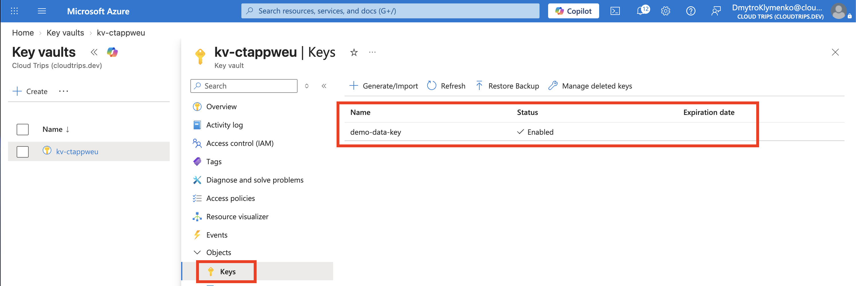 Key Vault key demo-data-key showing RSA 2048, enabled status, and its key identifier