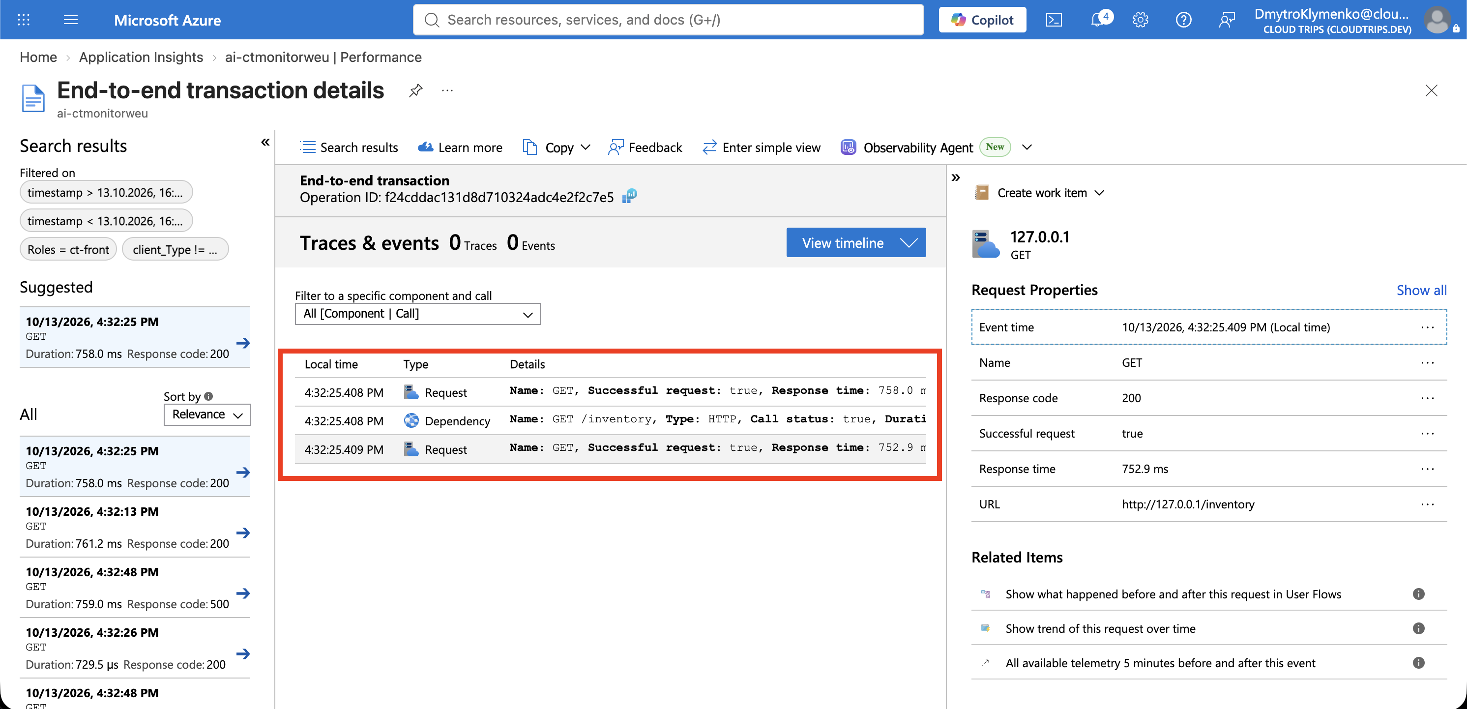 End-to-end transaction showing ct-front calling ct-back and the backend duration.