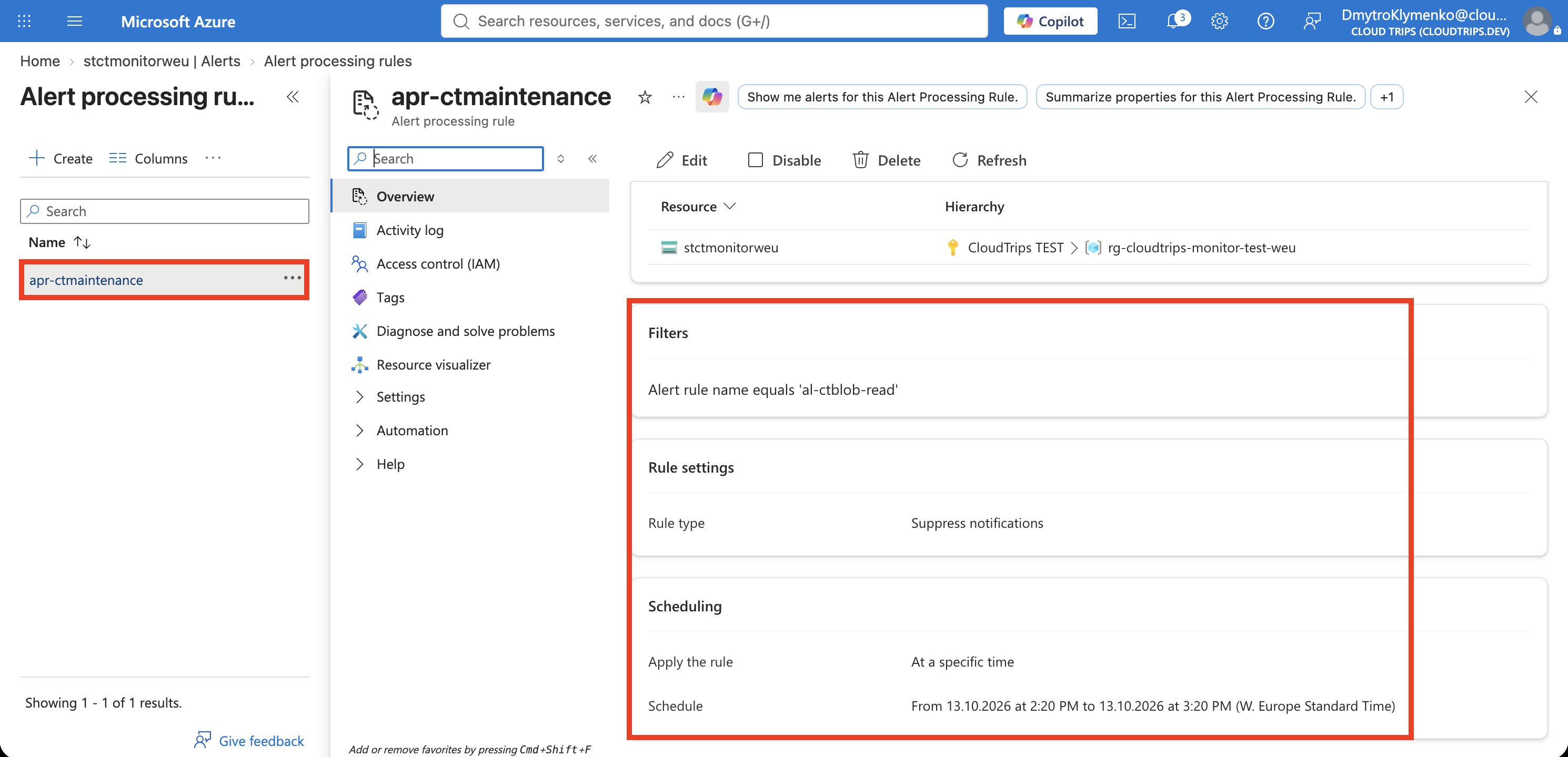 Gespeicherte Processing Rule mit Bereich, Warnungsregelfilter, Suppress notifications und begrenztem UTC-Zeitfenster.