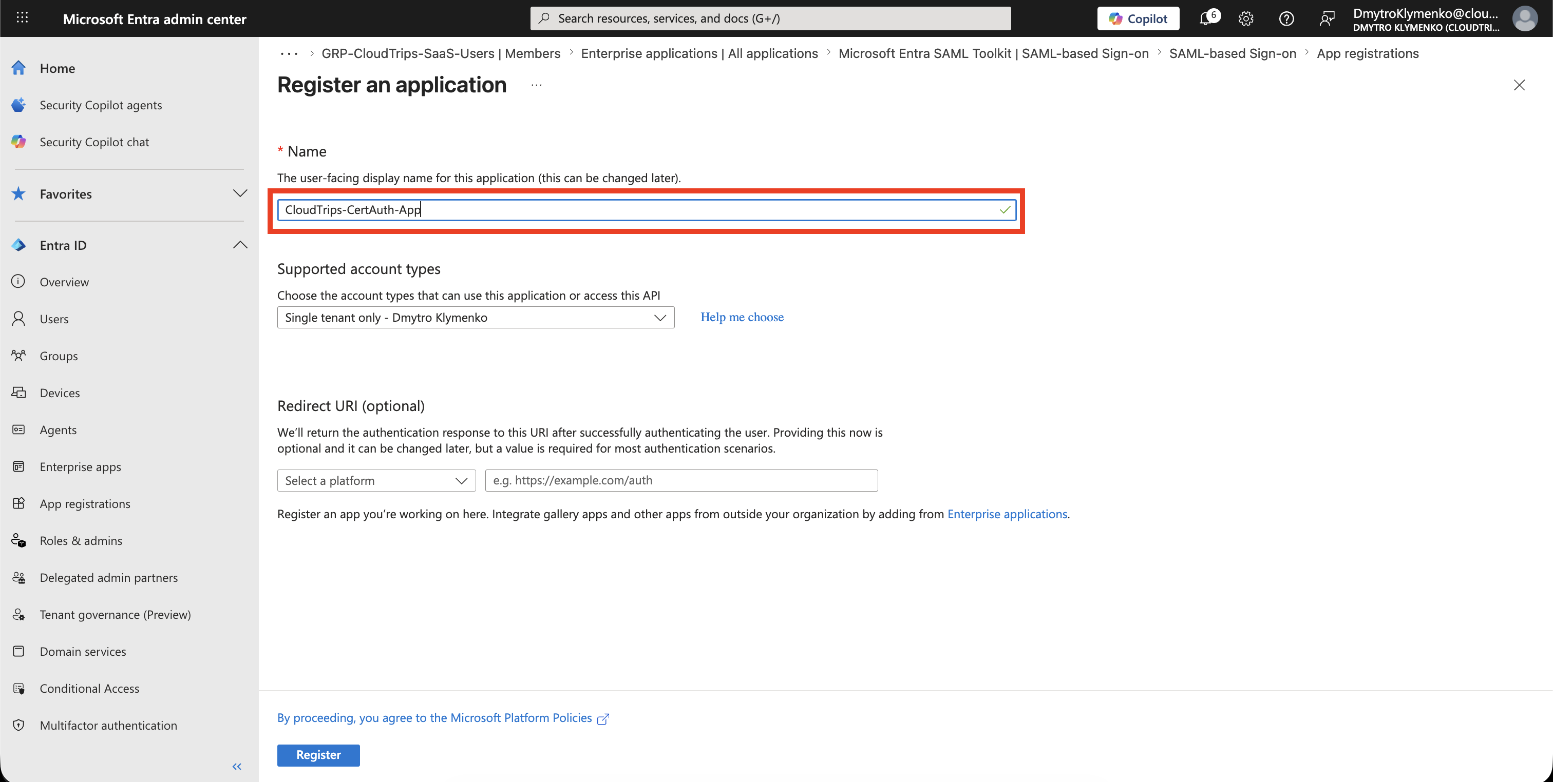 Microsoft Entra App registrations page showing the CloudTrips certificate authentication app