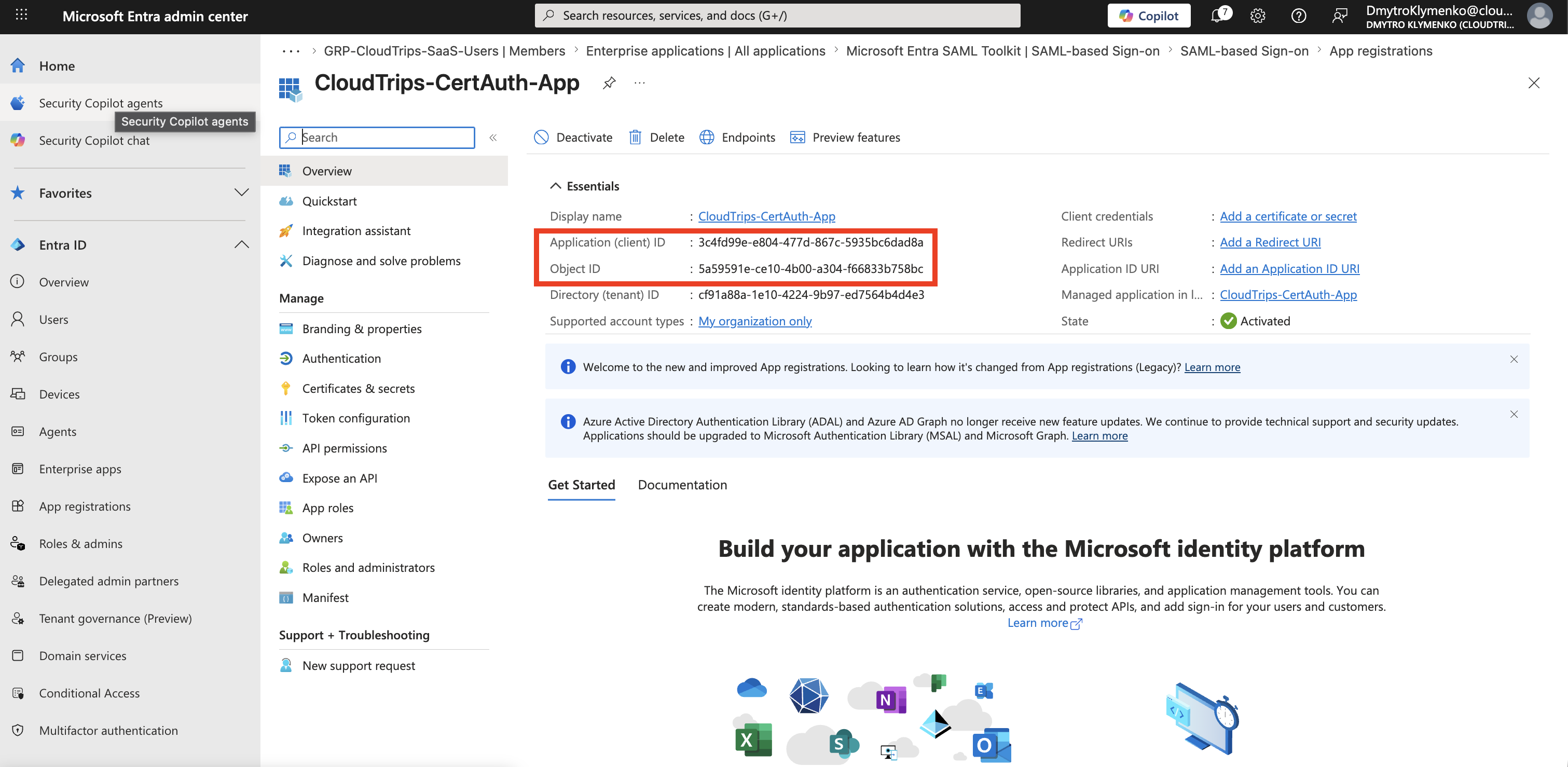 CloudTrips certificate app overview showing Application client ID and Directory tenant ID