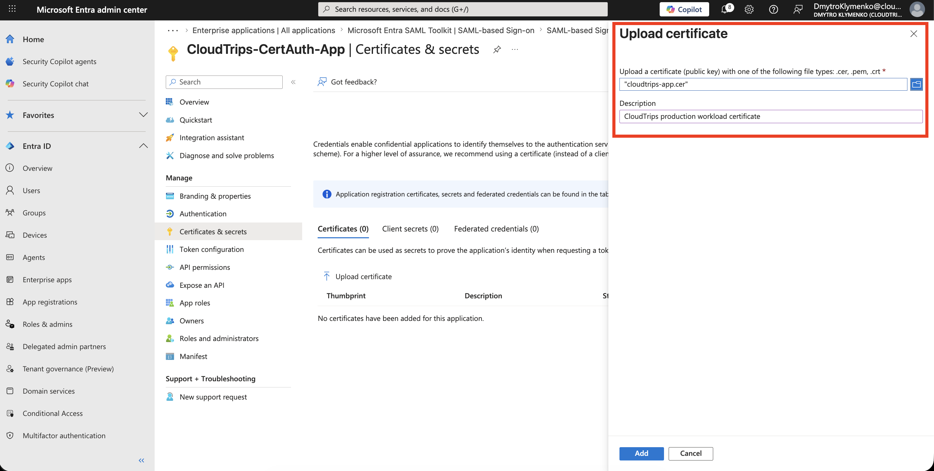 App registration Certificates and secrets page showing the Certificates tab and Upload certificate action