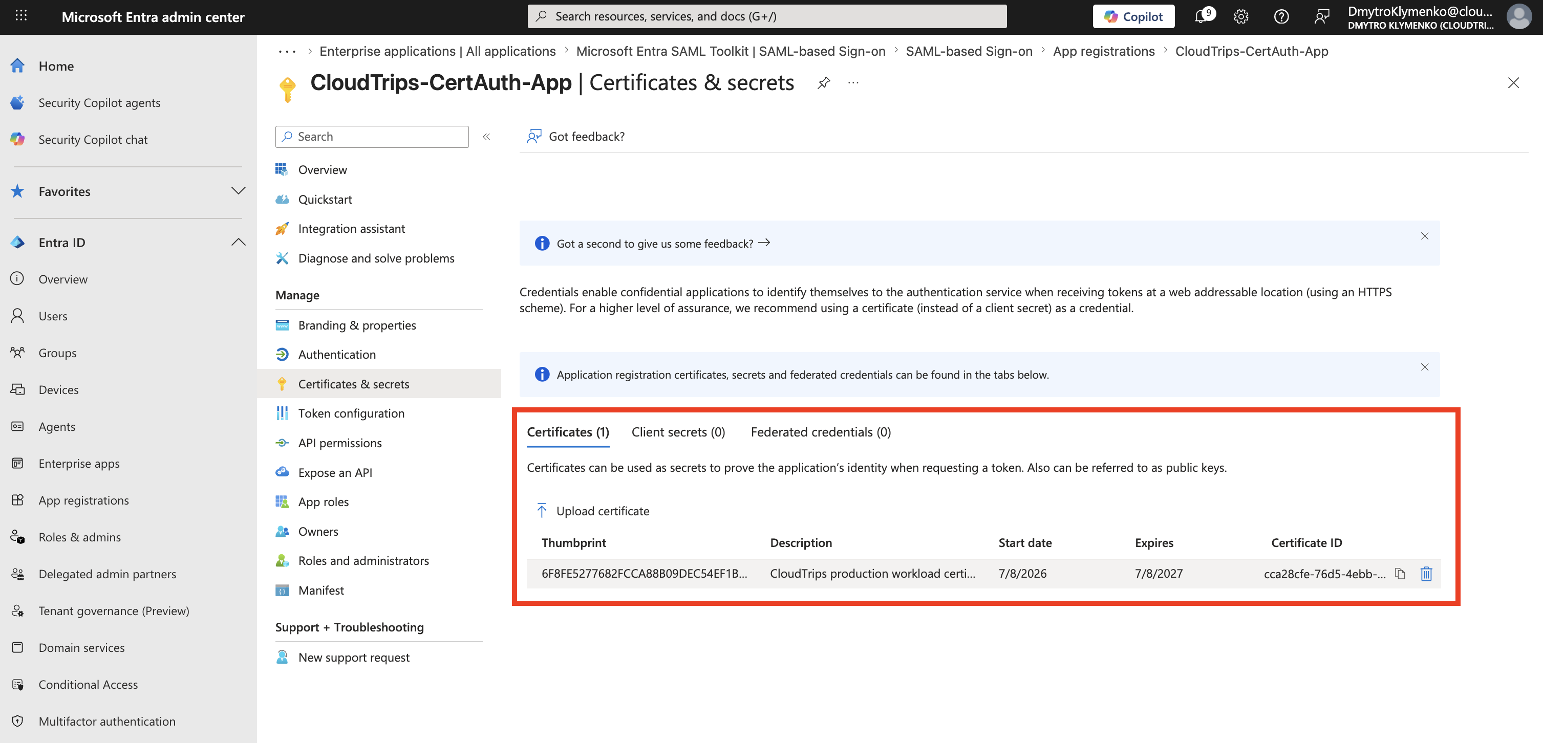 Upload certificate blade showing selected public certificate file and description