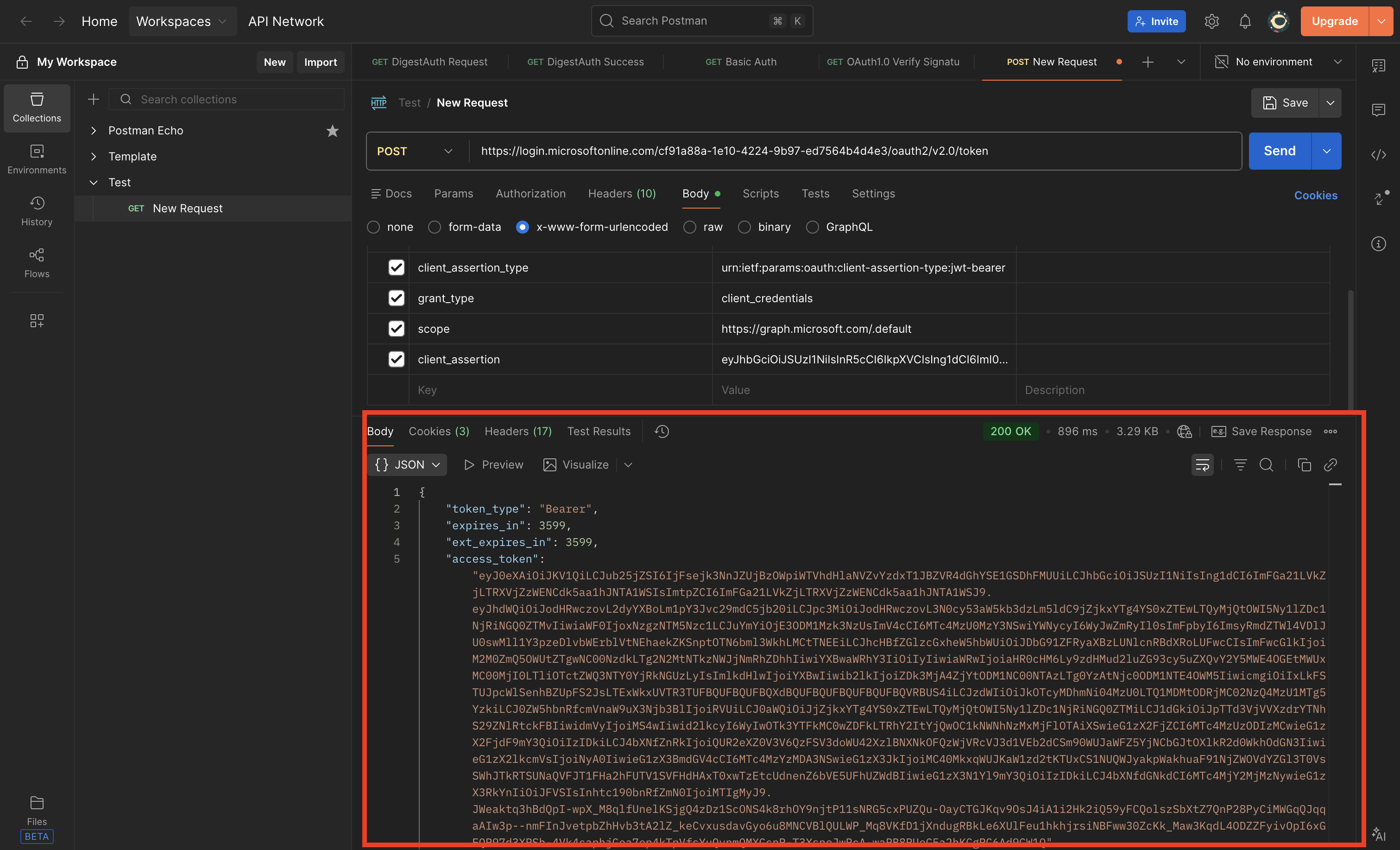 Postman token request showing tenant ID, client ID, client assertion, and no client secret
