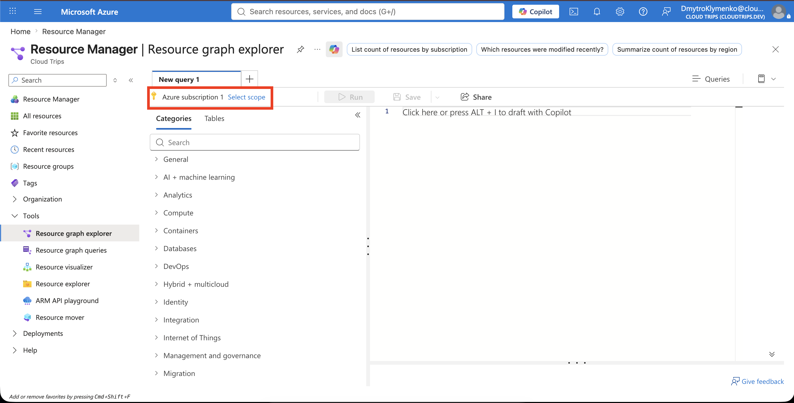 Azure Resource Graph Explorer with the current directory and accessible subscriptions selected
