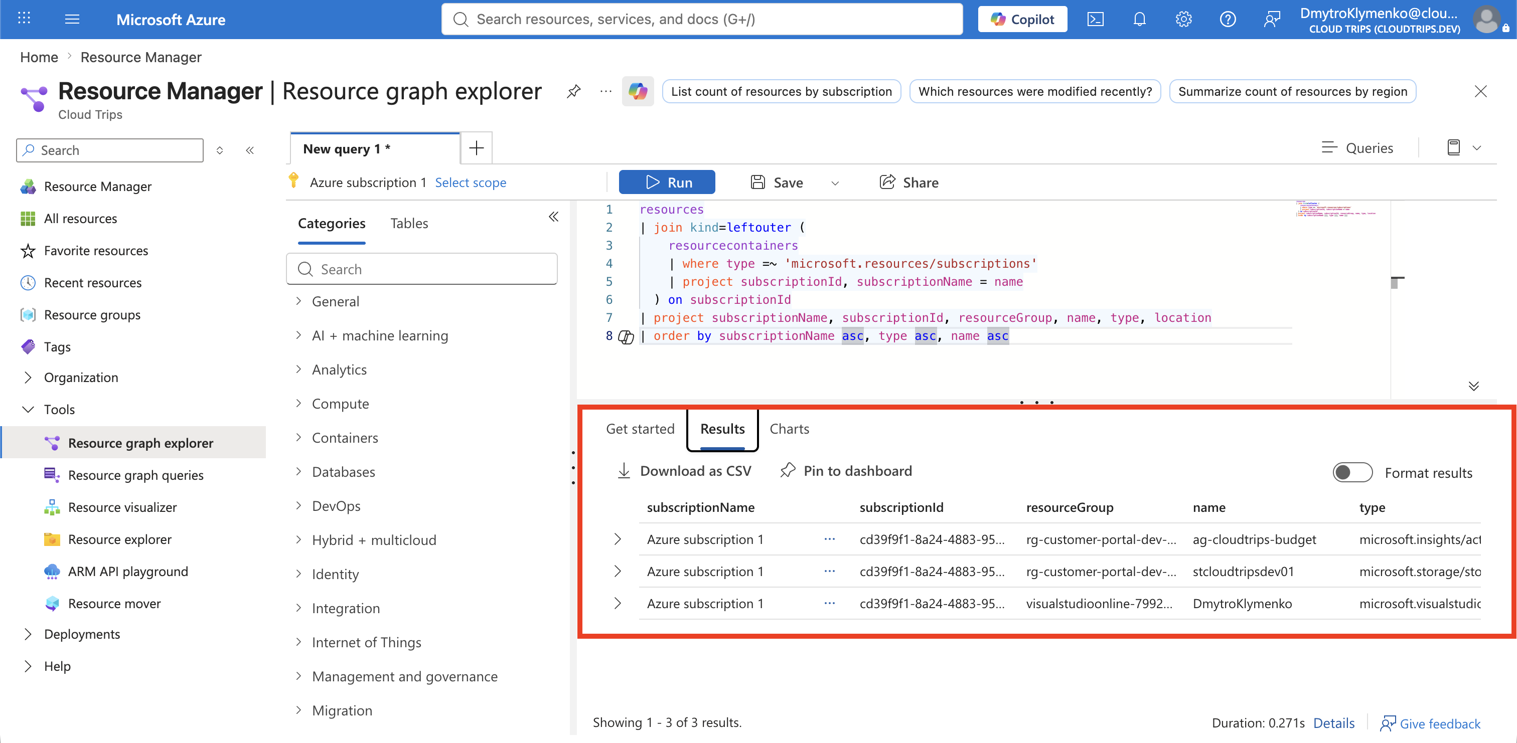 Resource Graph results listing resources with their subscription names and resource groups