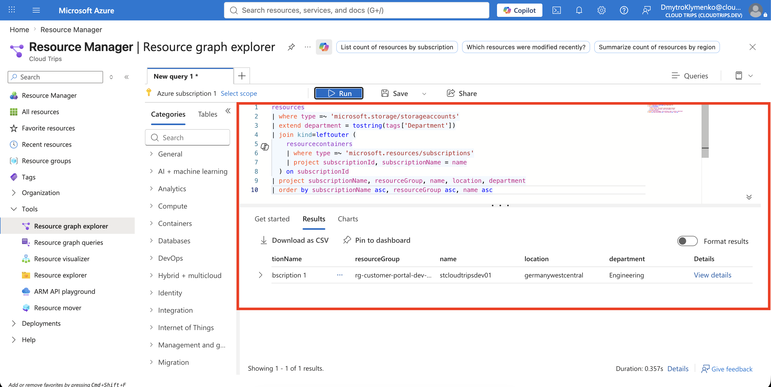 Cross-subscription Resource Graph query showing CloudTrips storage accounts and Department tags