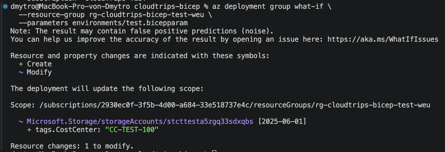 What-if-Ergebnis mit der TEST-Bicep-Parameterdatei und dem neuen TEST-Kostenstellen-Tag