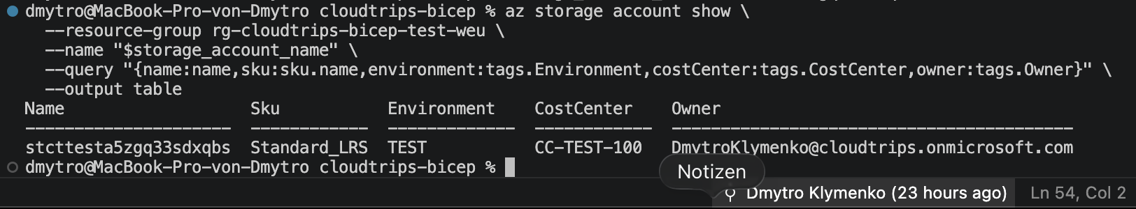 CloudTrips-TEST-Speicherkonto mit den Werten aus der TEST-Bicep-Parameterdatei