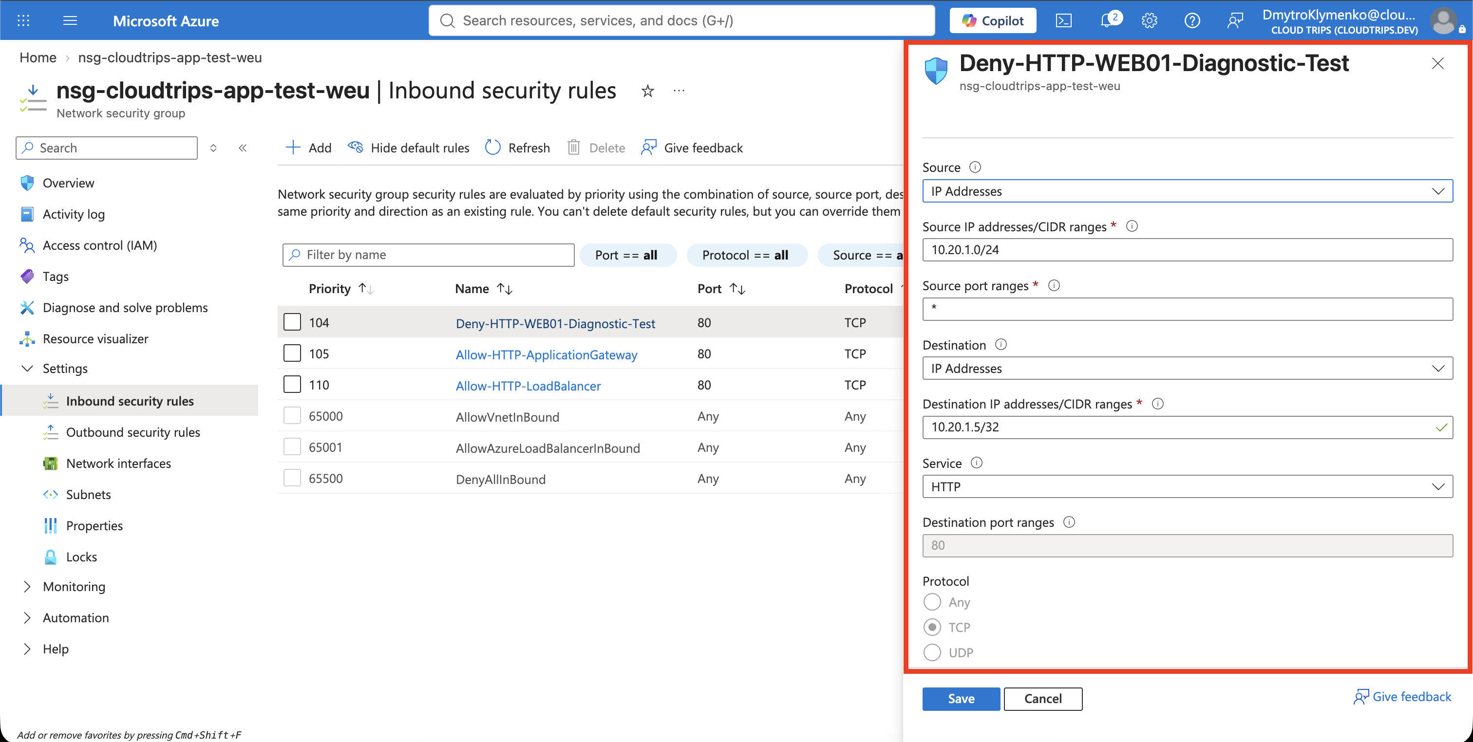 Temporary NSG rule denying HTTP from snet-app to WEB01