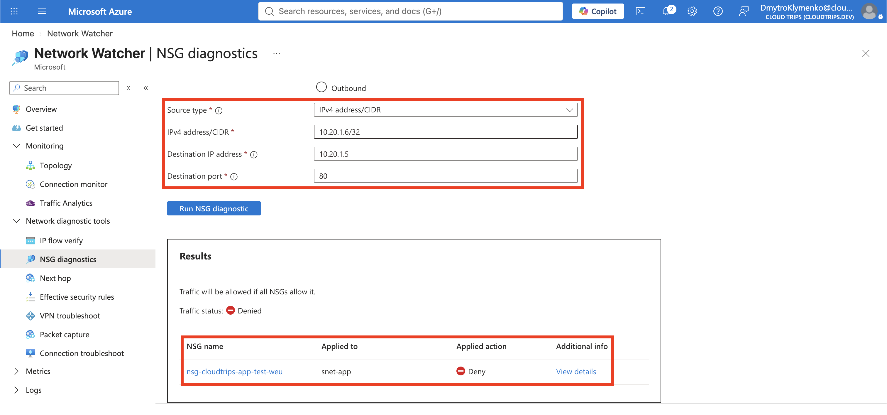 Network Watcher NSG diagnostics identifying the temporary deny rule