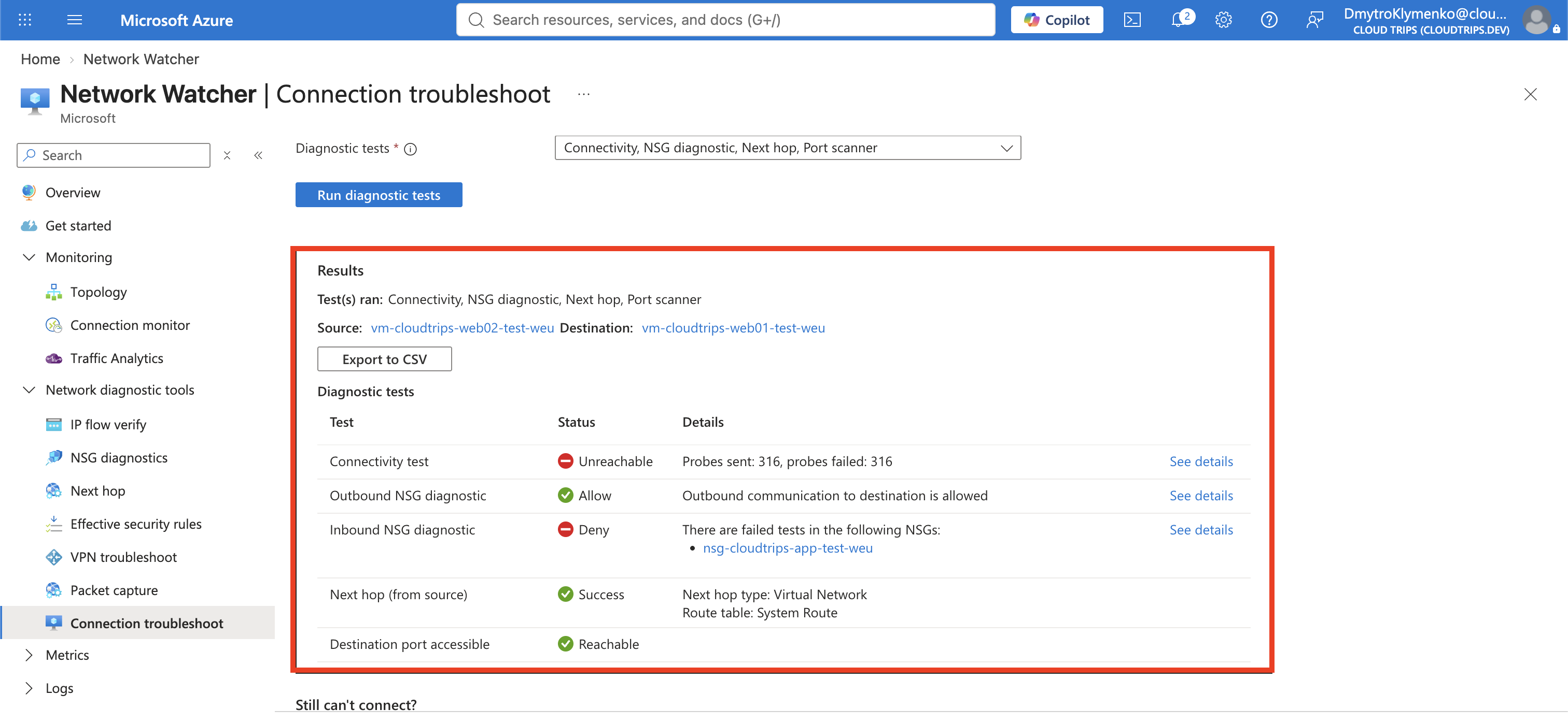 Connection Troubleshoot showing TCP 80 blocked between WEB02 and WEB01