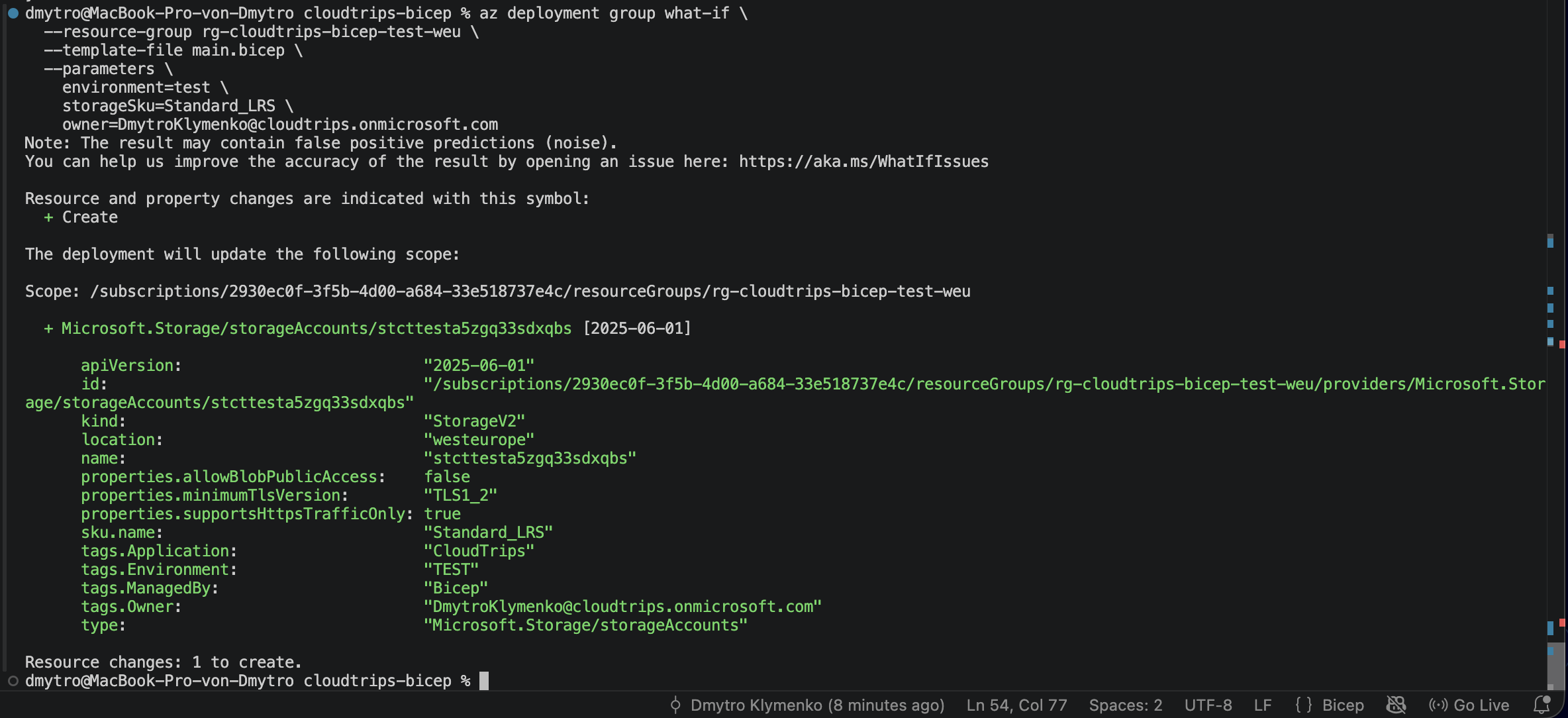 What-if preview for the reused Bicep template showing the CloudTrips TEST storage account as a new resource
