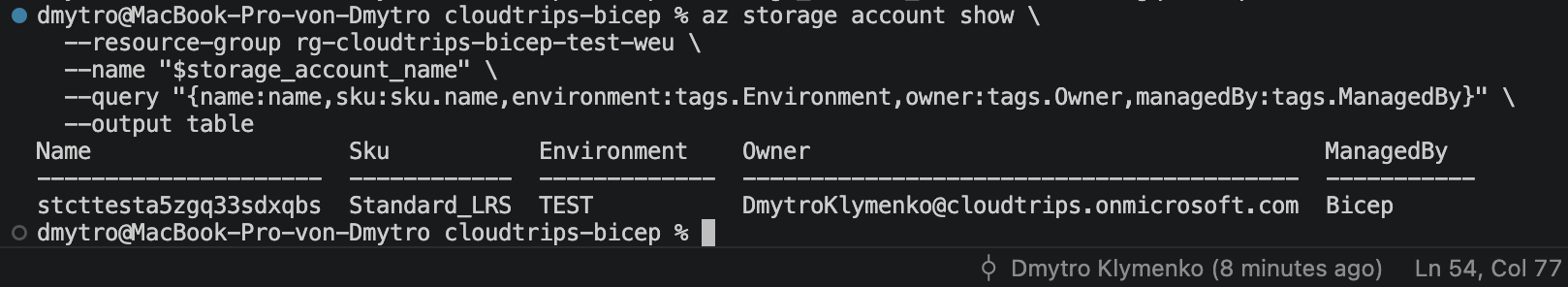 CloudTrips TEST storage account created from the reusable template with the expected SKU and tags