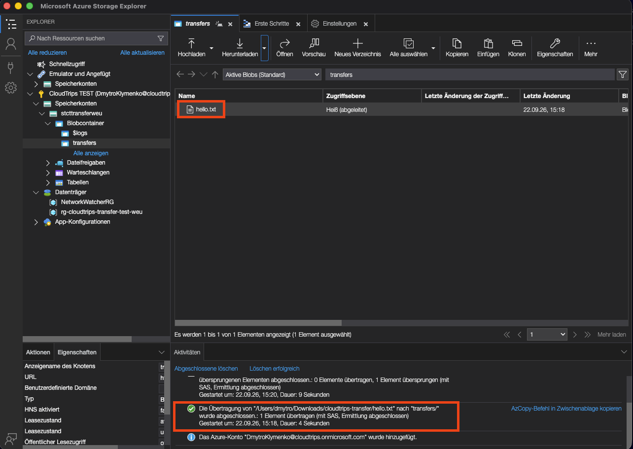 Storage Explorer mit hello.txt im Container transfers und abgeschlossener Upload-Aktivität
