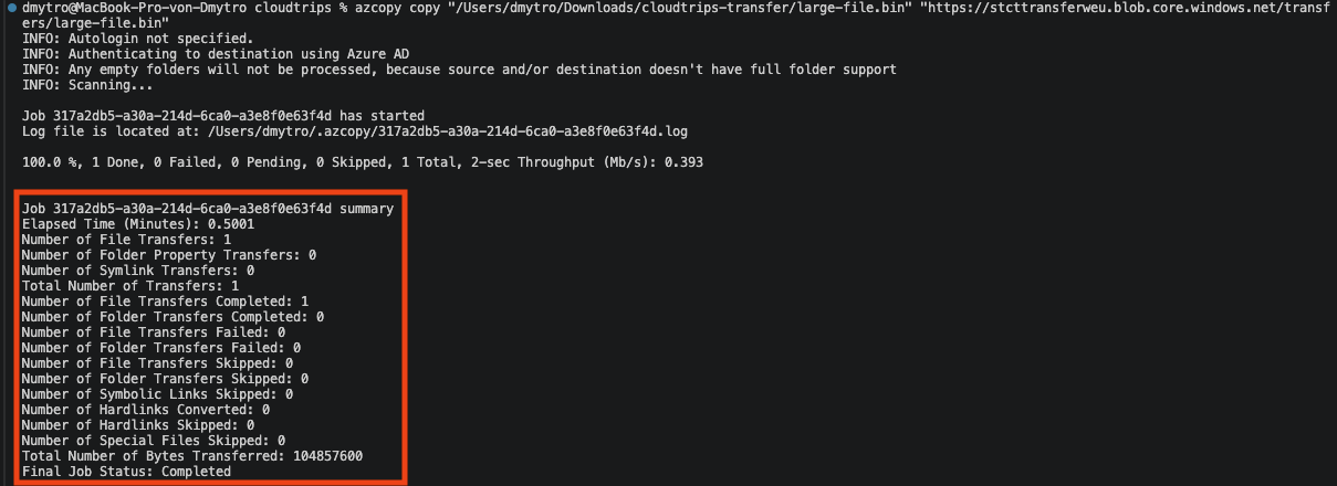 AzCopy-Zusammenfassung mit Job-ID, erfolgreichen und fehlgeschlagenen Transfers, übertragenen Bytes und abschließendem Jobstatus