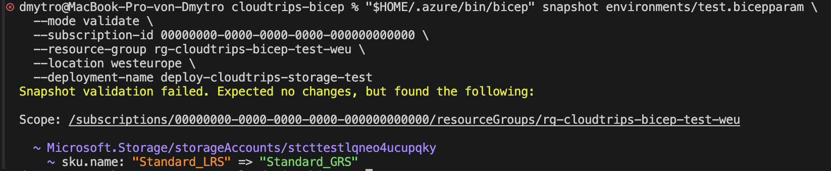 Failed Bicep snapshot validation showing the unintended TEST storage SKU change