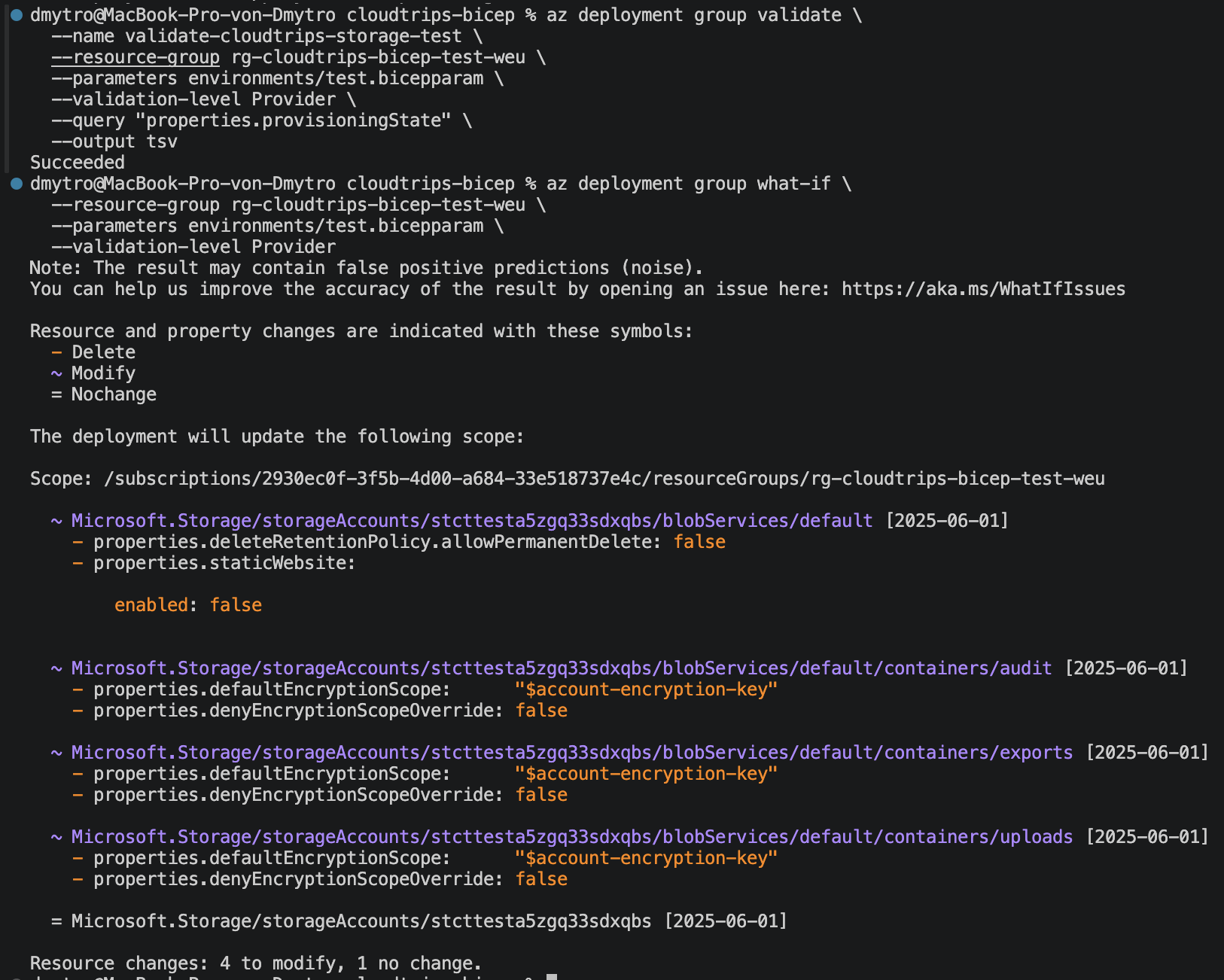 Successful Azure preflight and reviewed what-if result for CloudTrips TEST